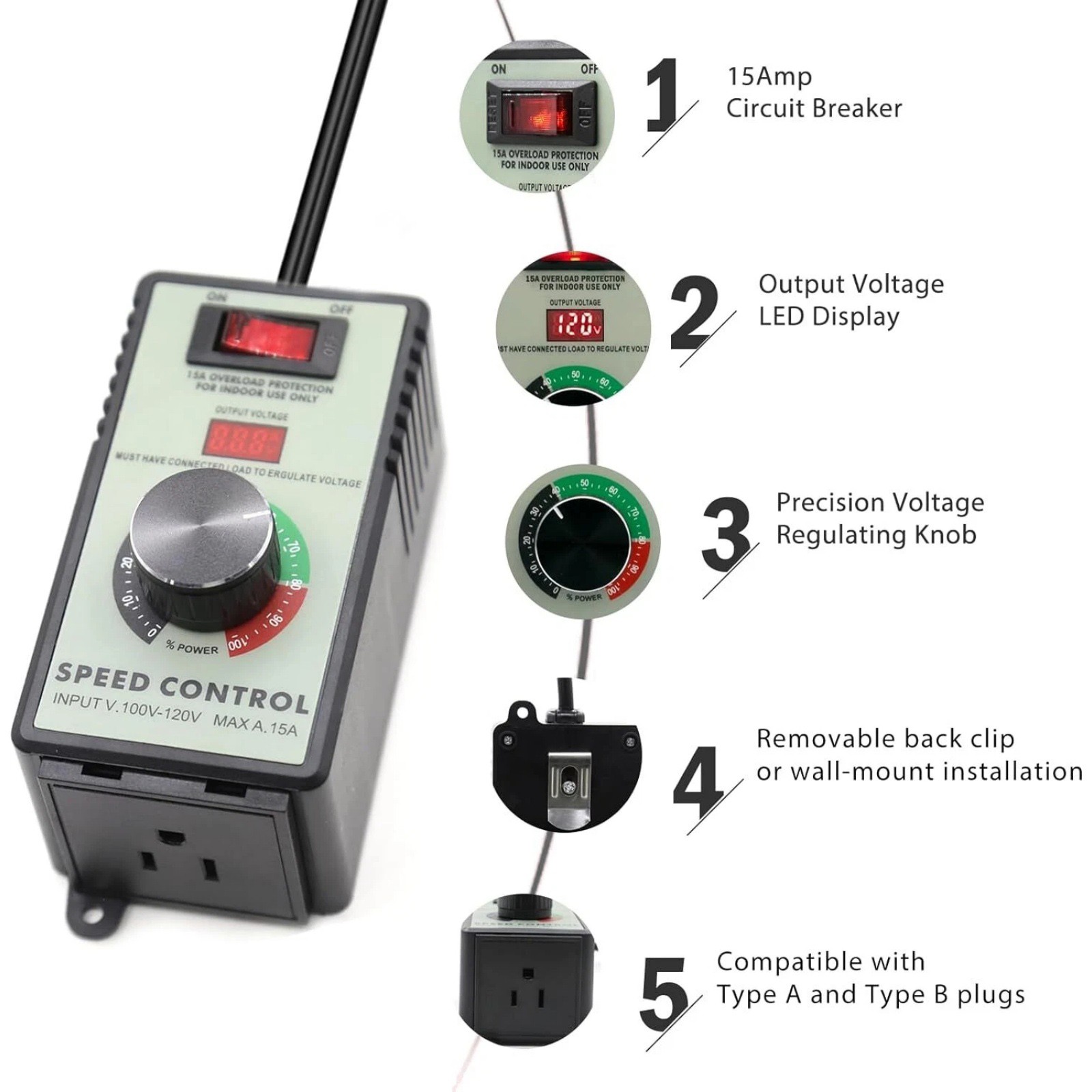 Professional 120V AC Motor Speed Controller with LED Display for Power Tools Use