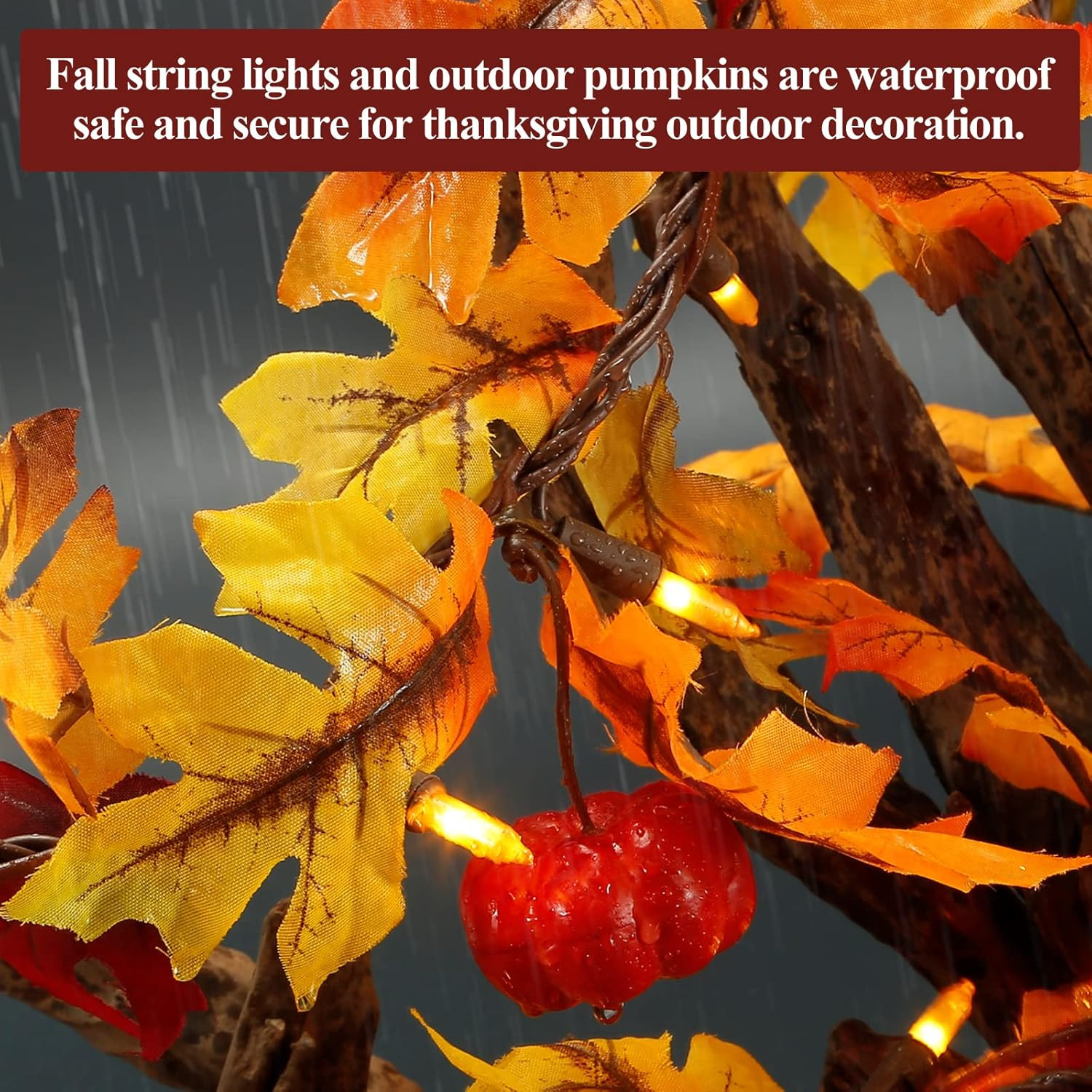 Fall Maple Leaf String Lights Plug in 120V UL 8FT Leaf, Orange