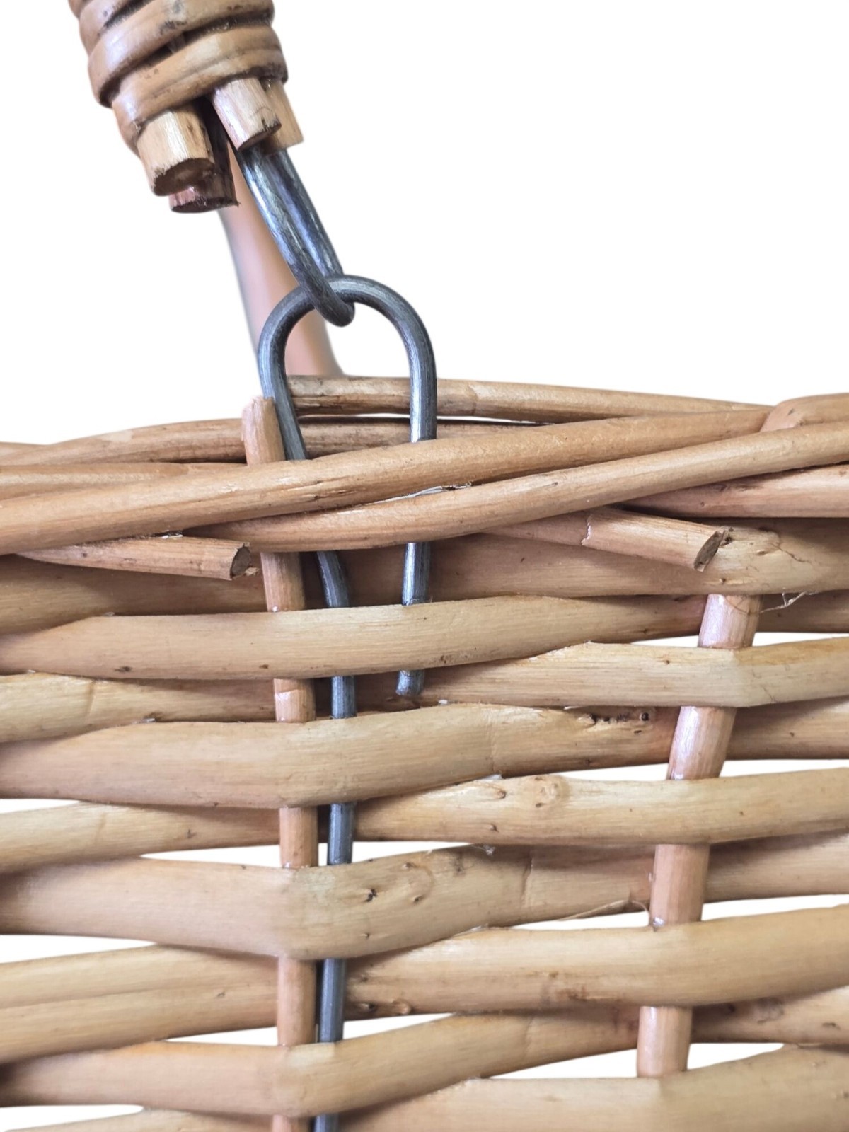 Handwoven Rectangular Basket Metal Link Collapsible Handle Natural