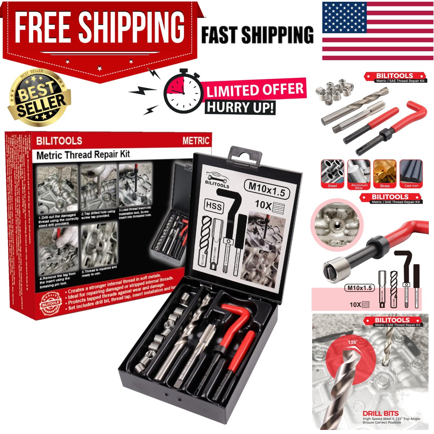 Complete M10x1.5 Thread Repair Kit with Compact Iron Case - HSS Drill Included