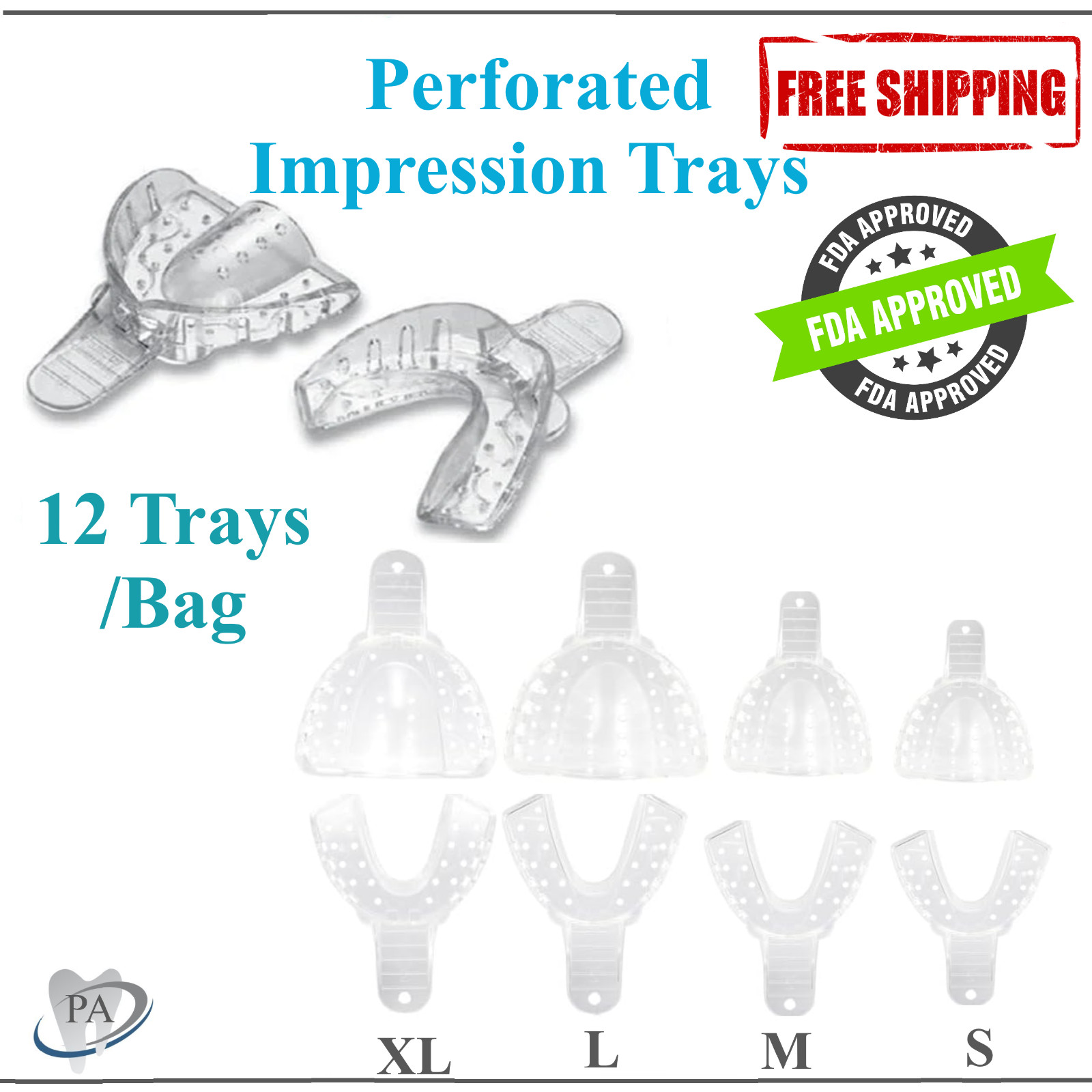 Dental Impression Trays Perforated Plastic Full Set Upper & Lower, Xl, L, 12/Bag