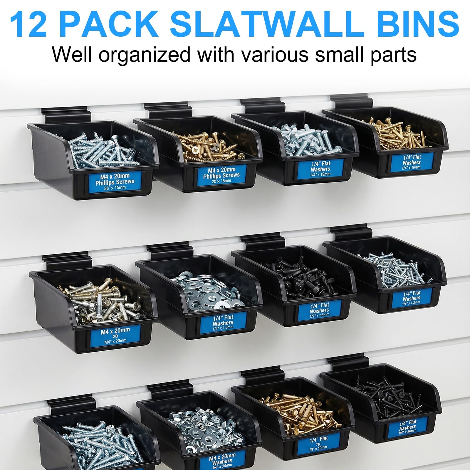 12 Pcs Slatwall Bins with Hooks Plastic Organizer Containers Workbench Parts