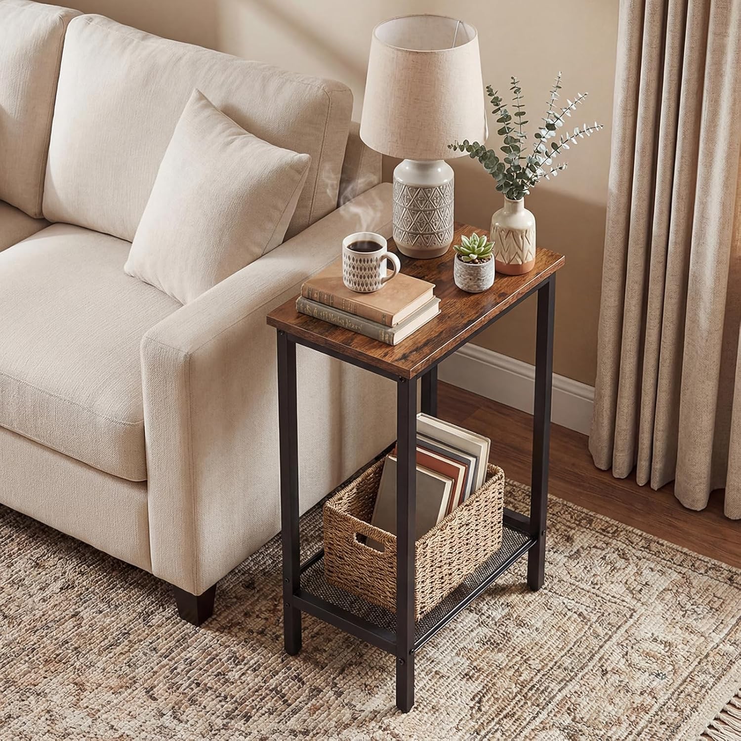 2PCS Industrial End Telephone Table with Adjustable Mesh Shelves Rustic Brown