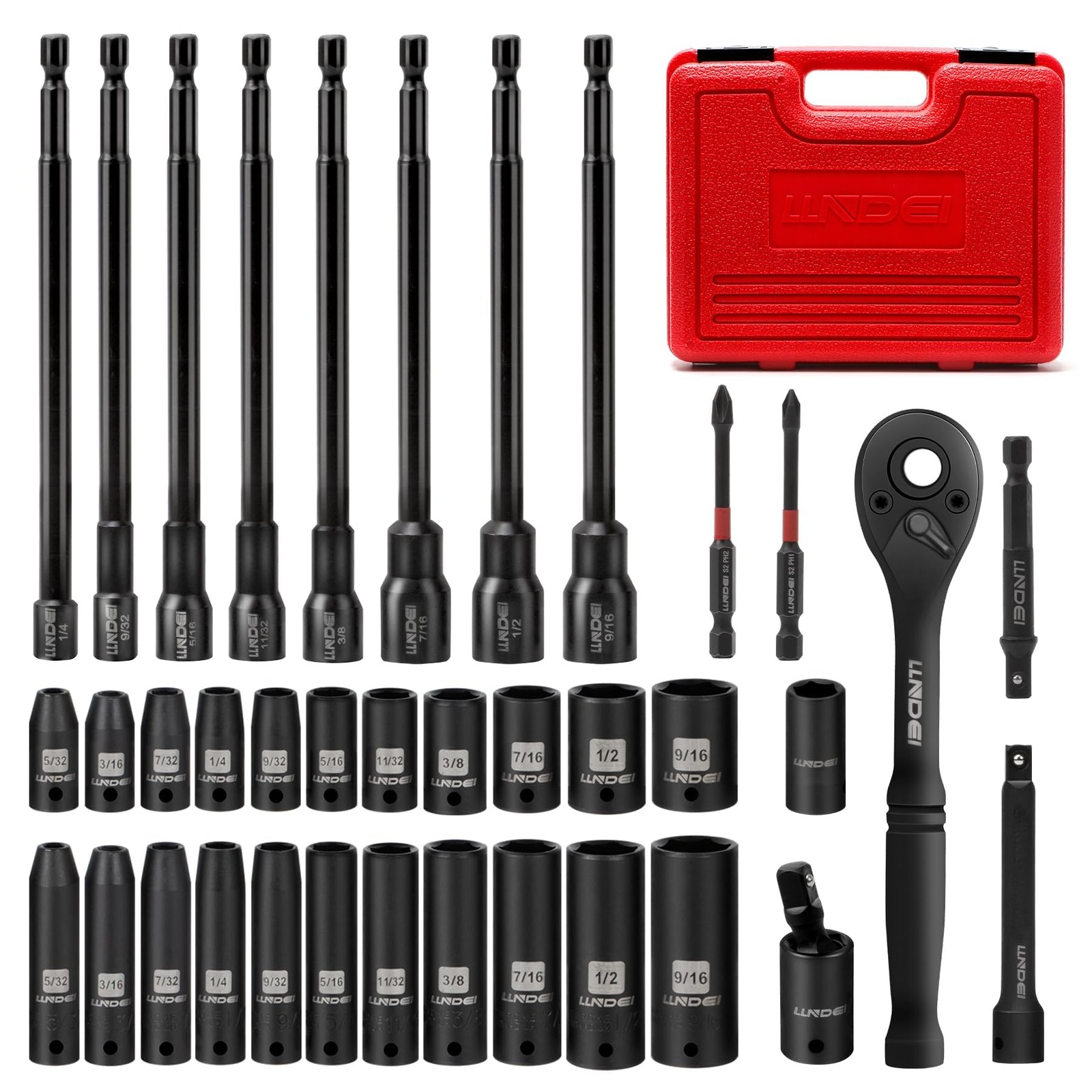 LLNDEI 38Pc 1/4" Drive SAE Socket Set Deep Shallow Nut Driver Ratchet Kit