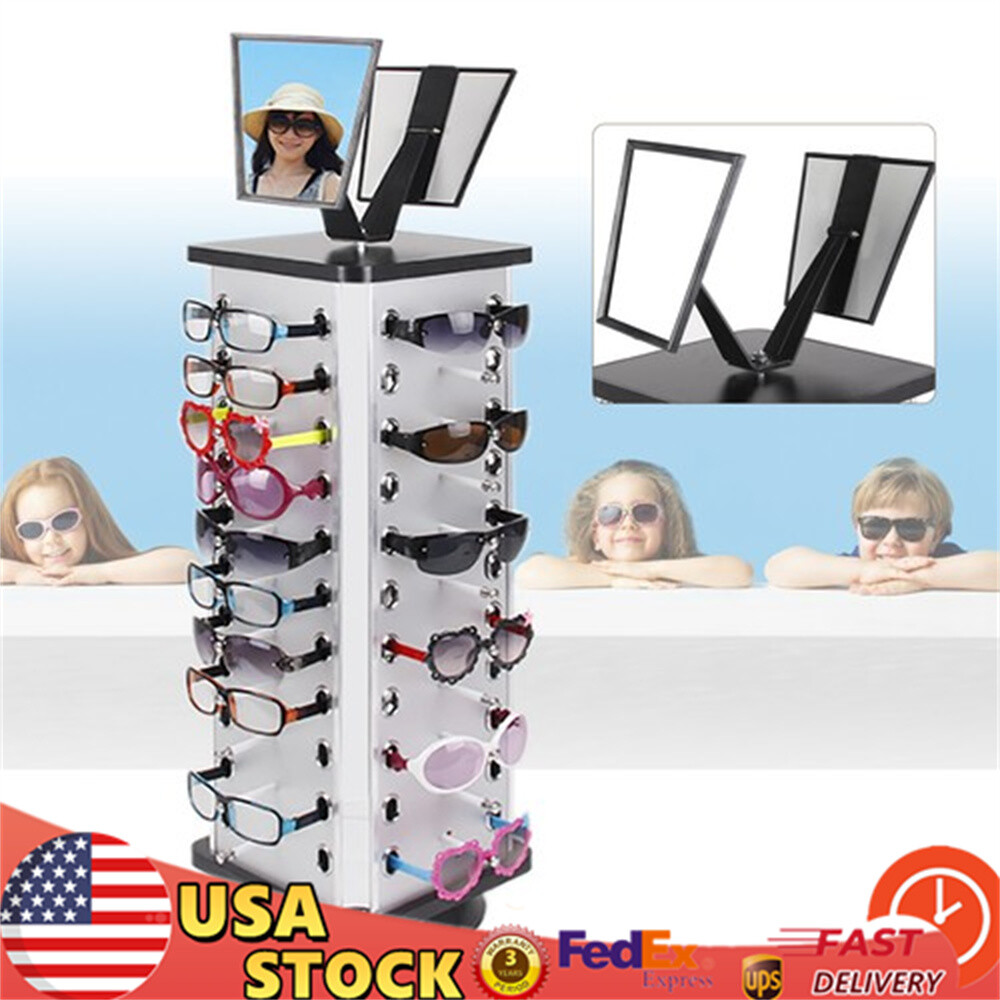 Sunglasses Racks Display Stand Case Square Aluminum Spinning Rack with Mirror