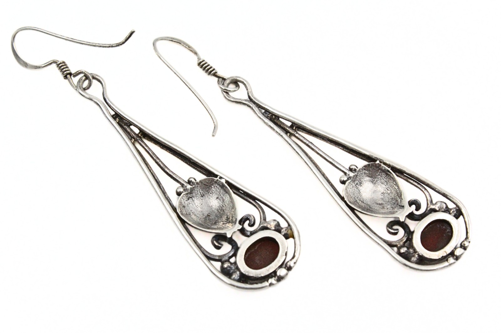 Graceful Signed Sterling Silver Cut Out Swirl Garnet Dangle Drop Earrings