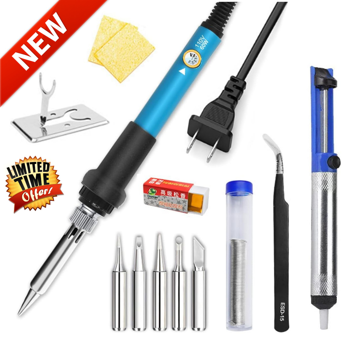 Cautin Para Soldar Estaño Electrico 110v Kit con Puntas Bomba de Desoldar 60W-US