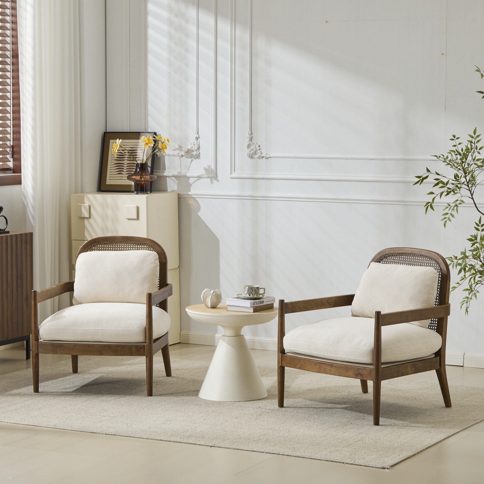 Set of 2 Mid-Century Modern Accent Chairs Rattan Back Solid Wood Beige