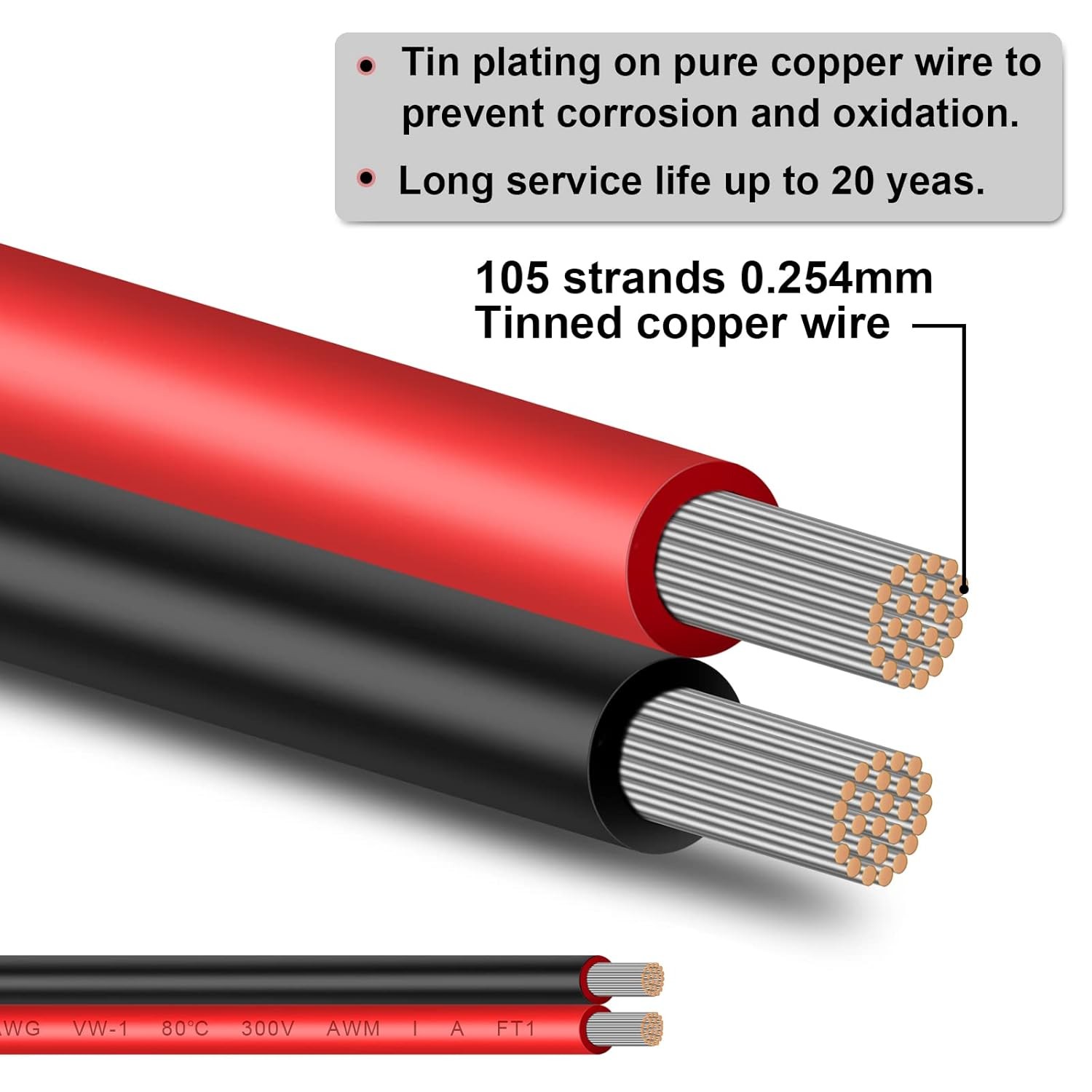 10 AWG 100FT Tinned Copper Wire 2-Conductor Stranded Low Voltage Electrical Wire