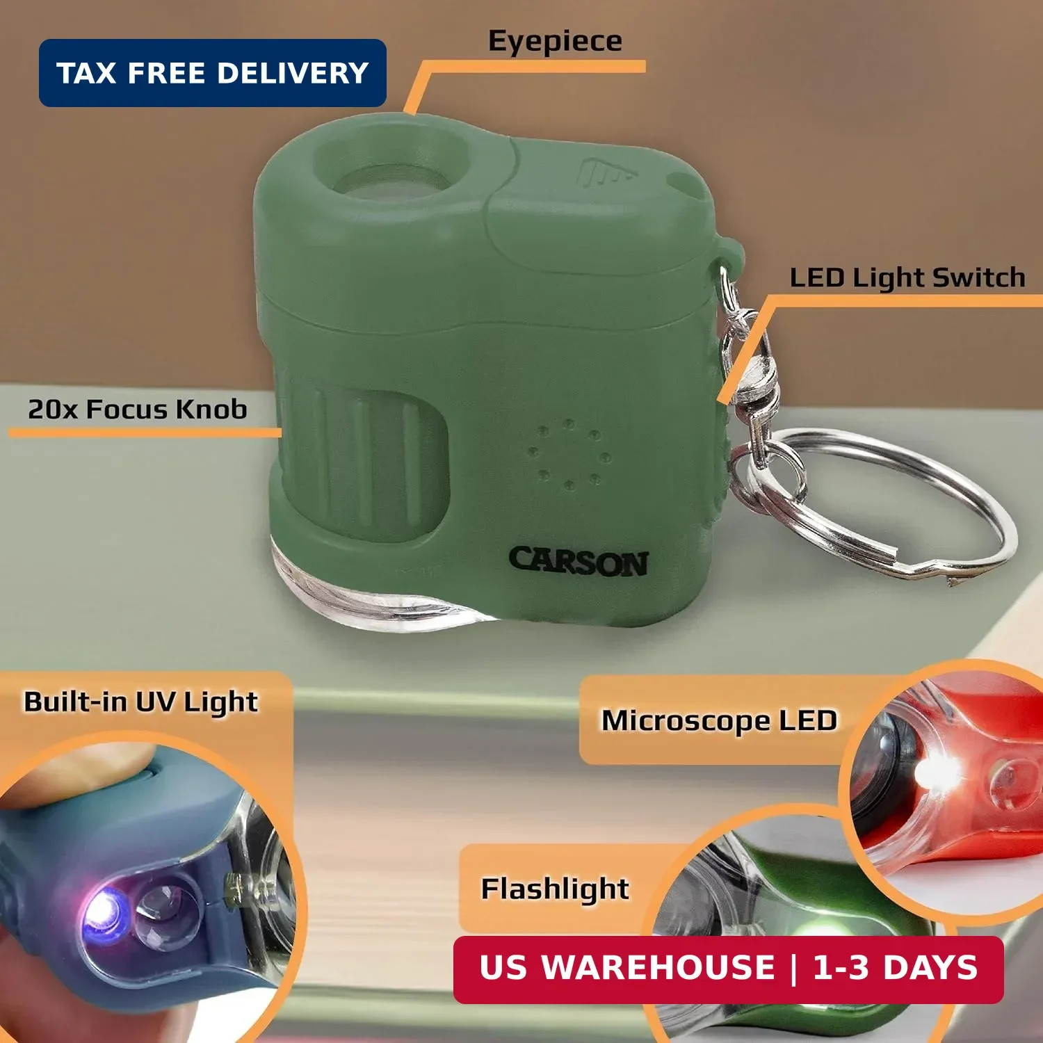 Carson MicroMini 20x LED Lighted Pocket Microscope with Built-in UV and LED Flas