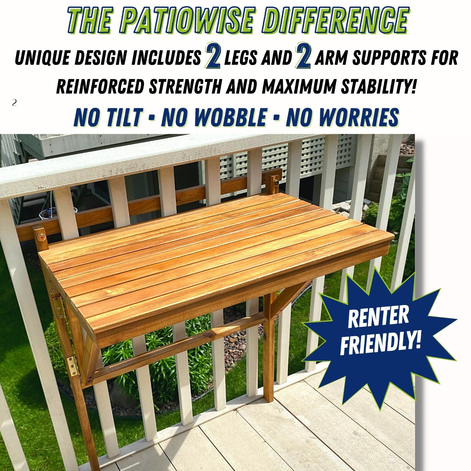 Patio Wise Outdoor Folding Acacia Wood Balcony Railing Table, Foldable Deck Bar