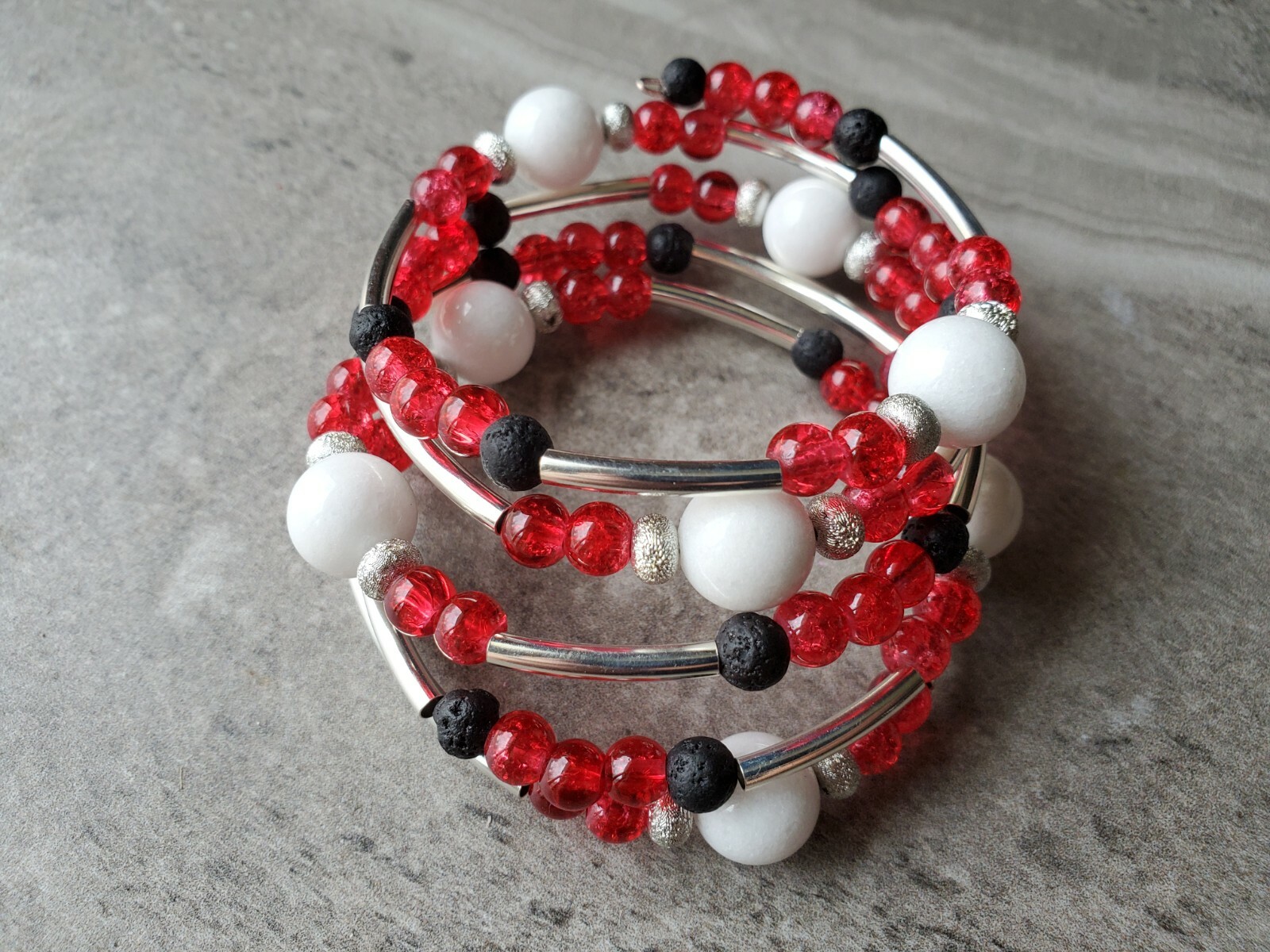 Red Crackle and Lava Bead Wire Wrap Bracelet