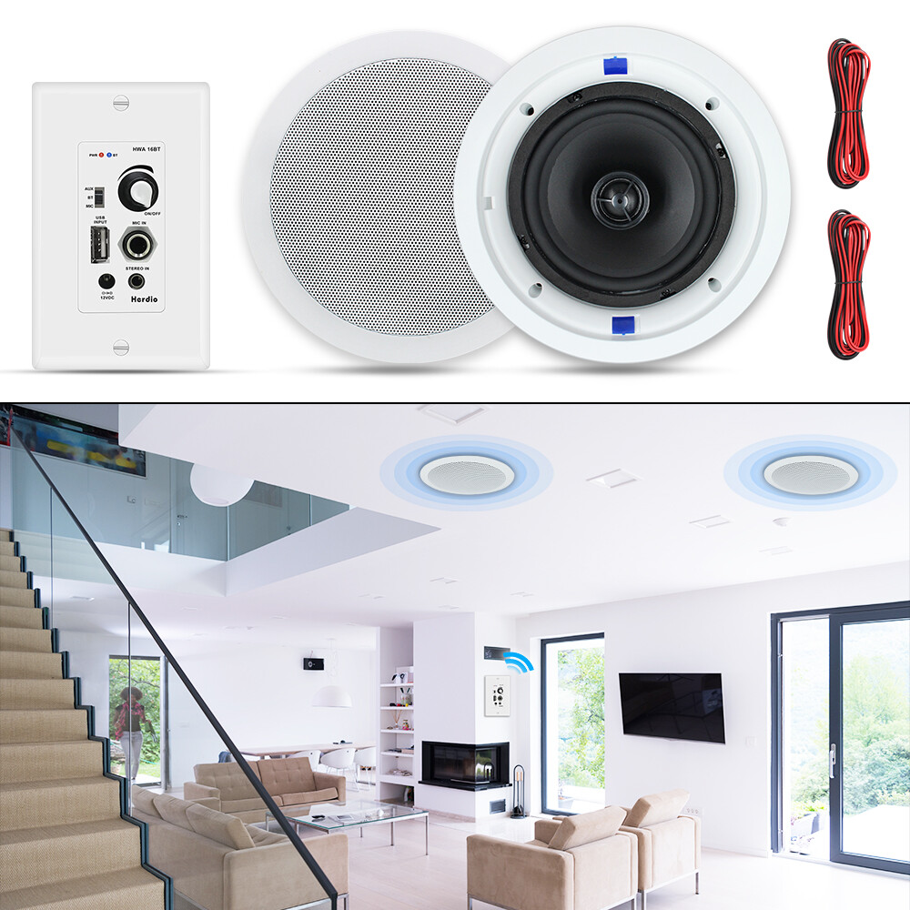 640W 6.5" Herdio Audio Wall Bluetooth Amplifier Receiver Kit+ 4 Ceiling Speakers