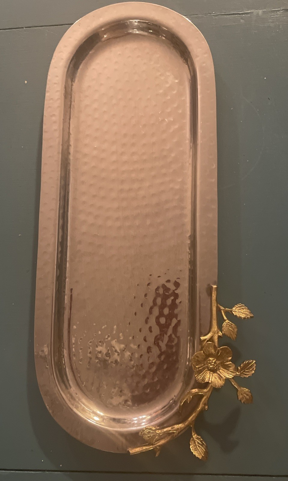 Elegance by Leeber Golden Vine Hammered Stainless Steel Oval Serving Tray 15x6