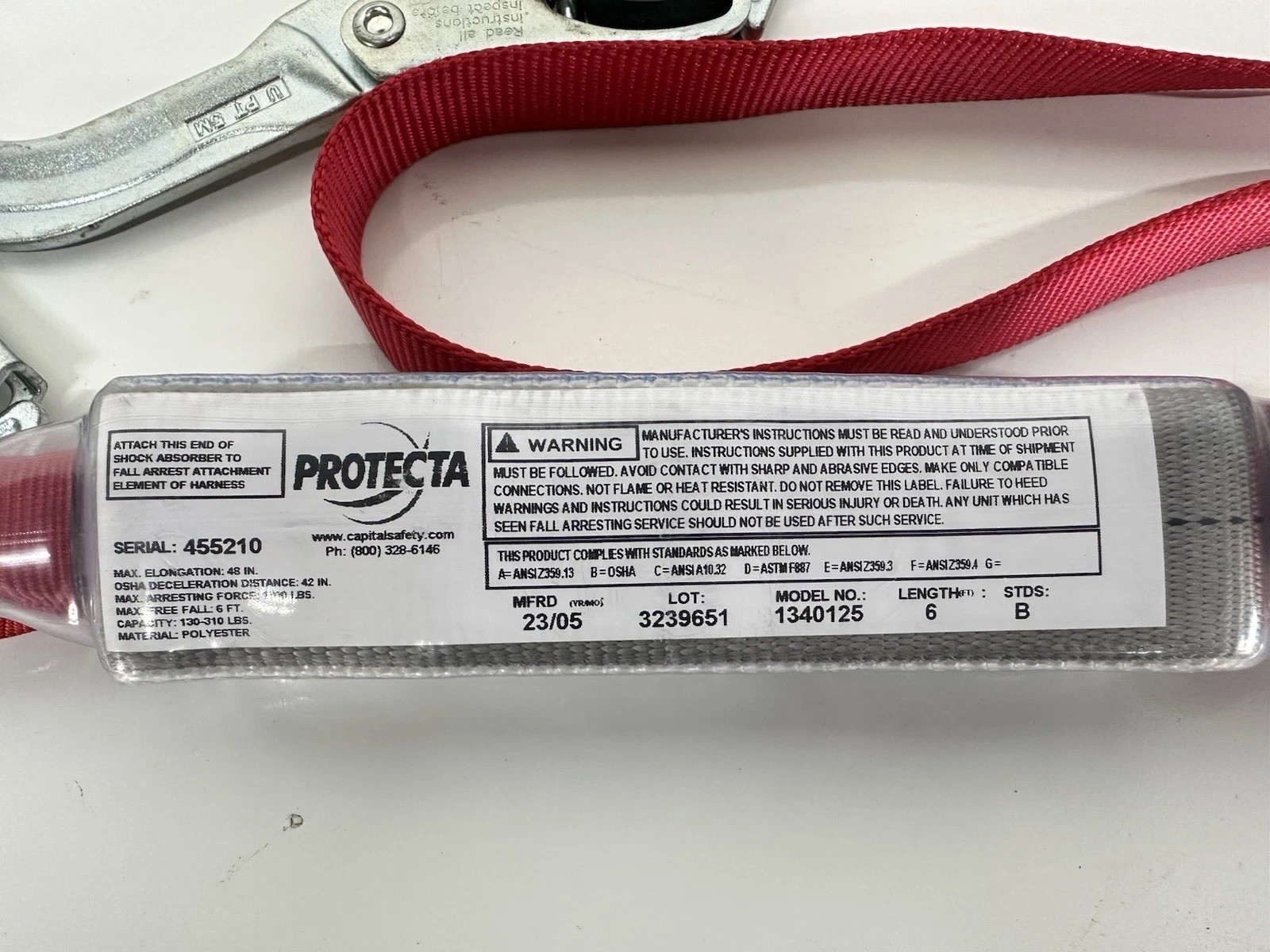 3M Protecta 259123 PRO Shock Absorbing Web Lanyard, 6'L, 1340125 Cap Lbs