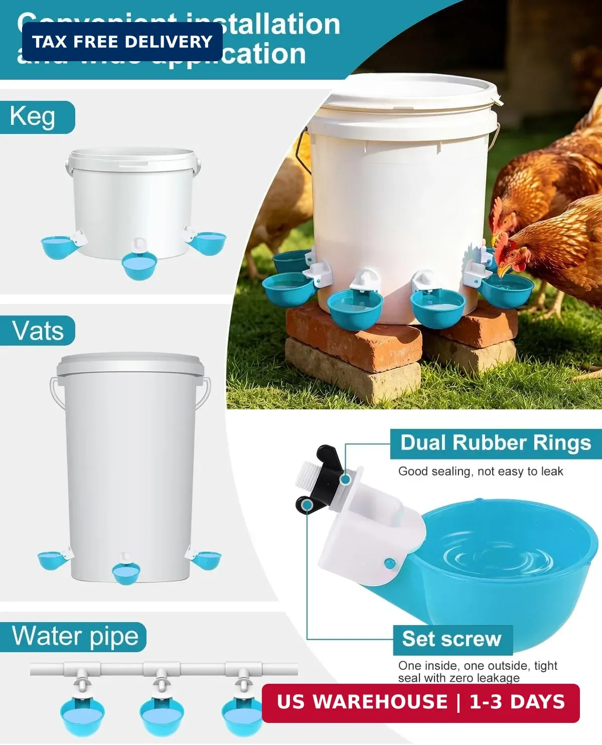 Chicken Waterer Cups (8 Pack) with 3/8" Drill Bit - Light Blue | Automatic Poult