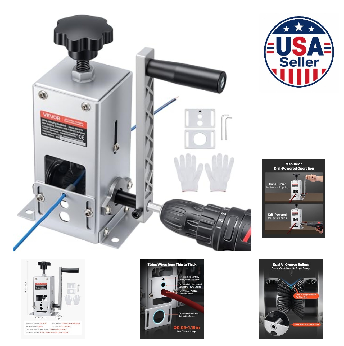Manual Wire Stripper Machine 0.06-1.18in Copper Cable Tool Hand Crank Drill