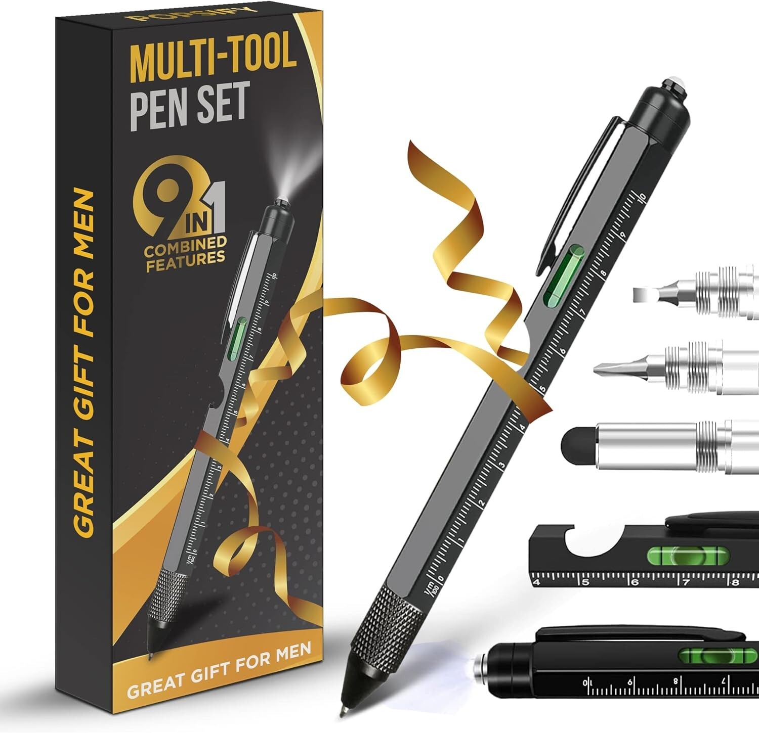 Multitool Pen 9-in-1 Gifts for Men Stocking Stuffers Christmas EDC Tool Black