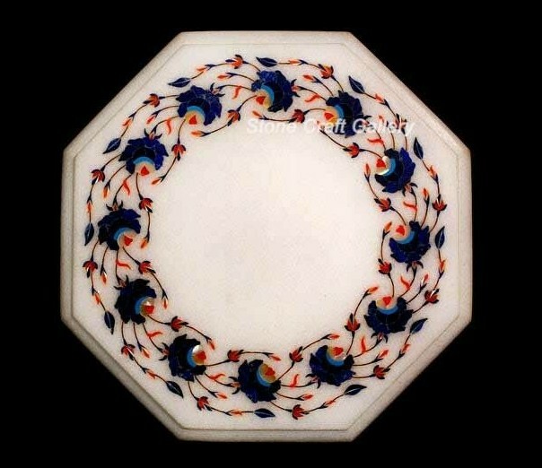 12" Marble Side Table Top Semi Precious Inlay Handmade Work Decor