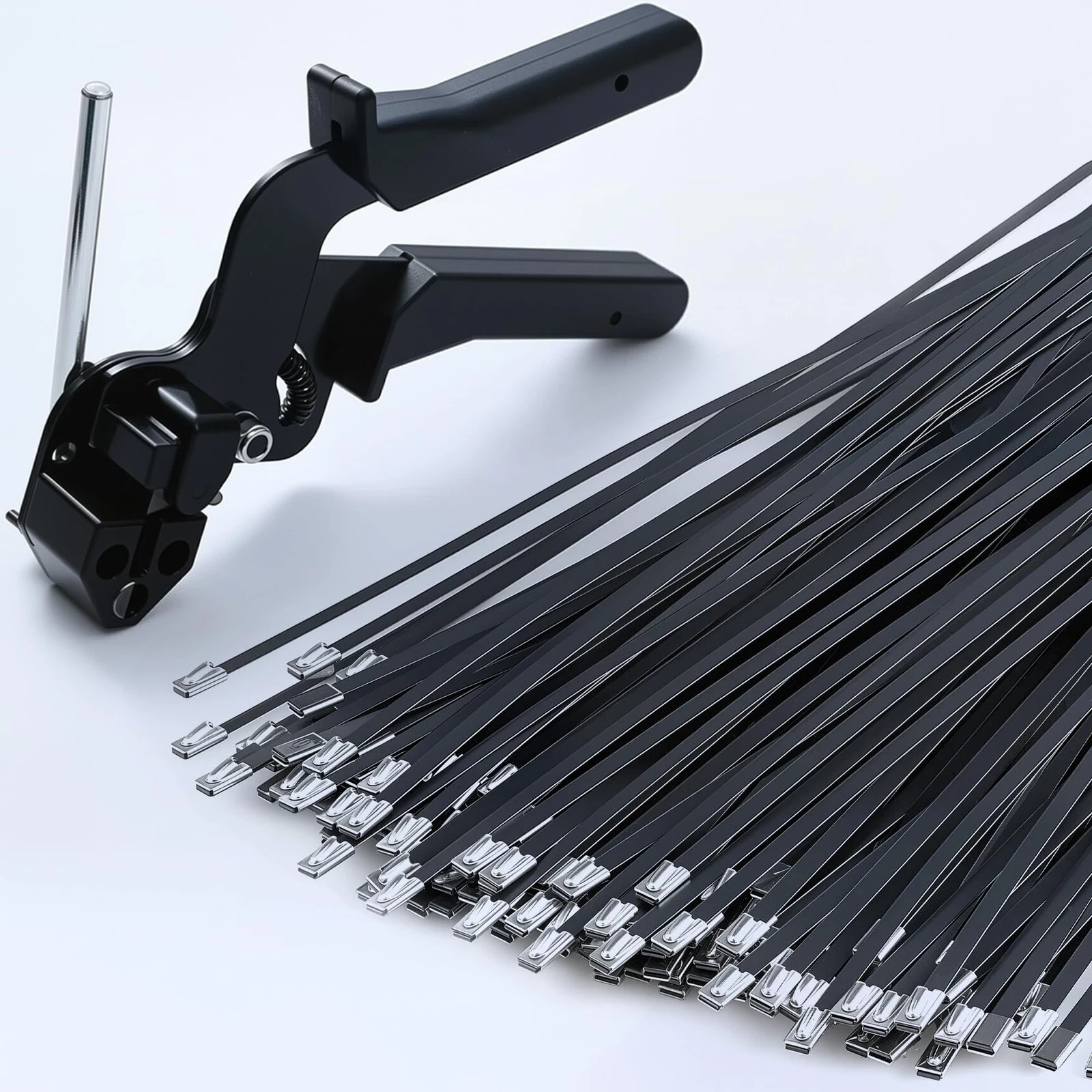 Black Metal Zip Ties with Stainless Steel Cable Tie Gun for Fastening and Cut...