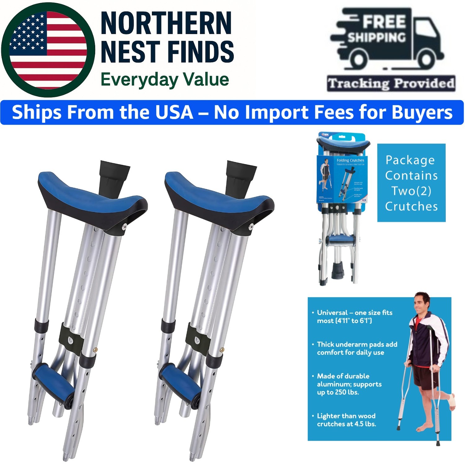 Universal Lightweight Crutches for Adults & Kids – Comfort with Padded Cushions