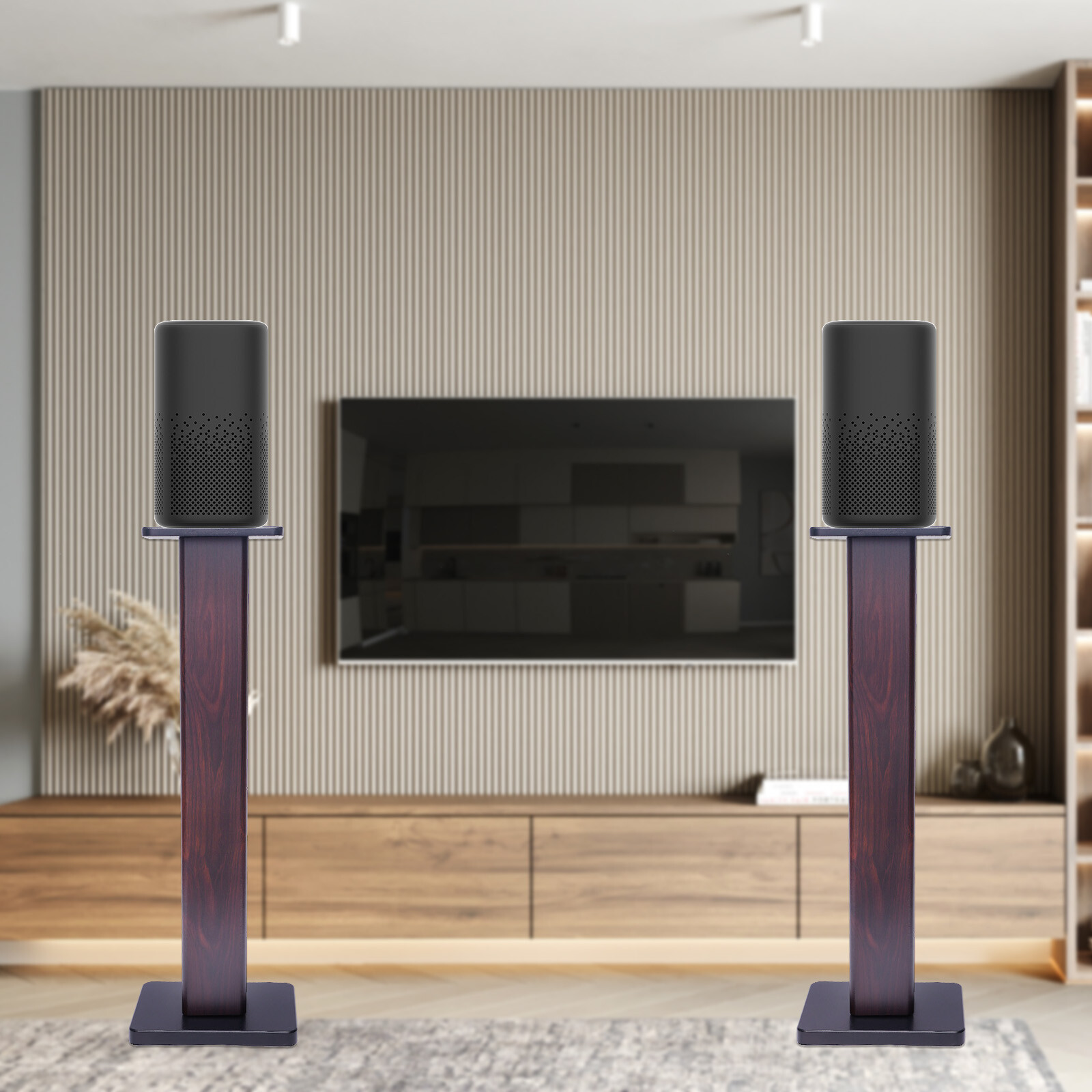Pair Walnut Wood Bookshelf Speaker Stands 36 in Sand-Fillable Cable Management