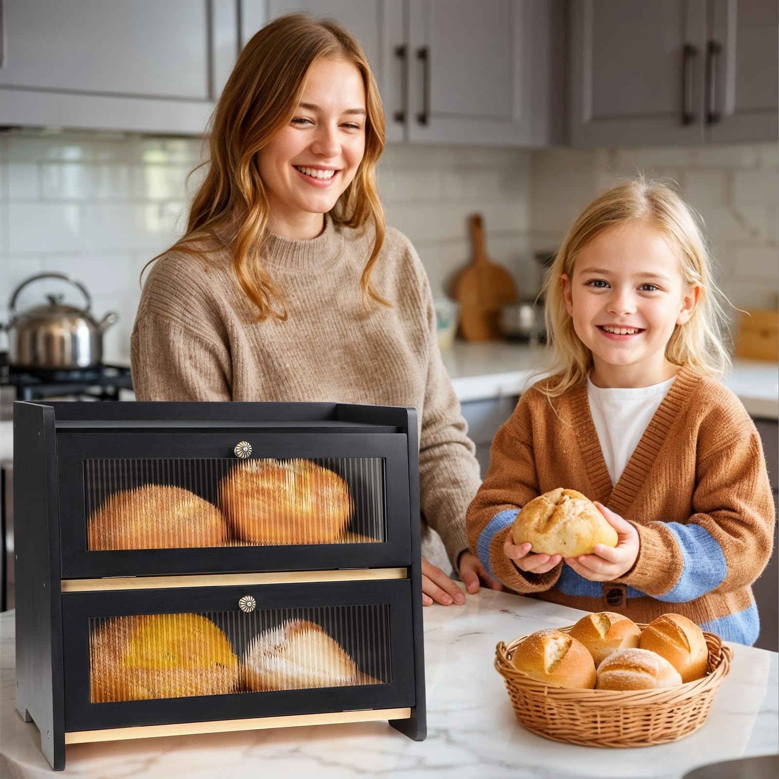 VEDALIO Bread Box For Kitchen Countertop, Black Breadbox, Bread Boxes for Kit...