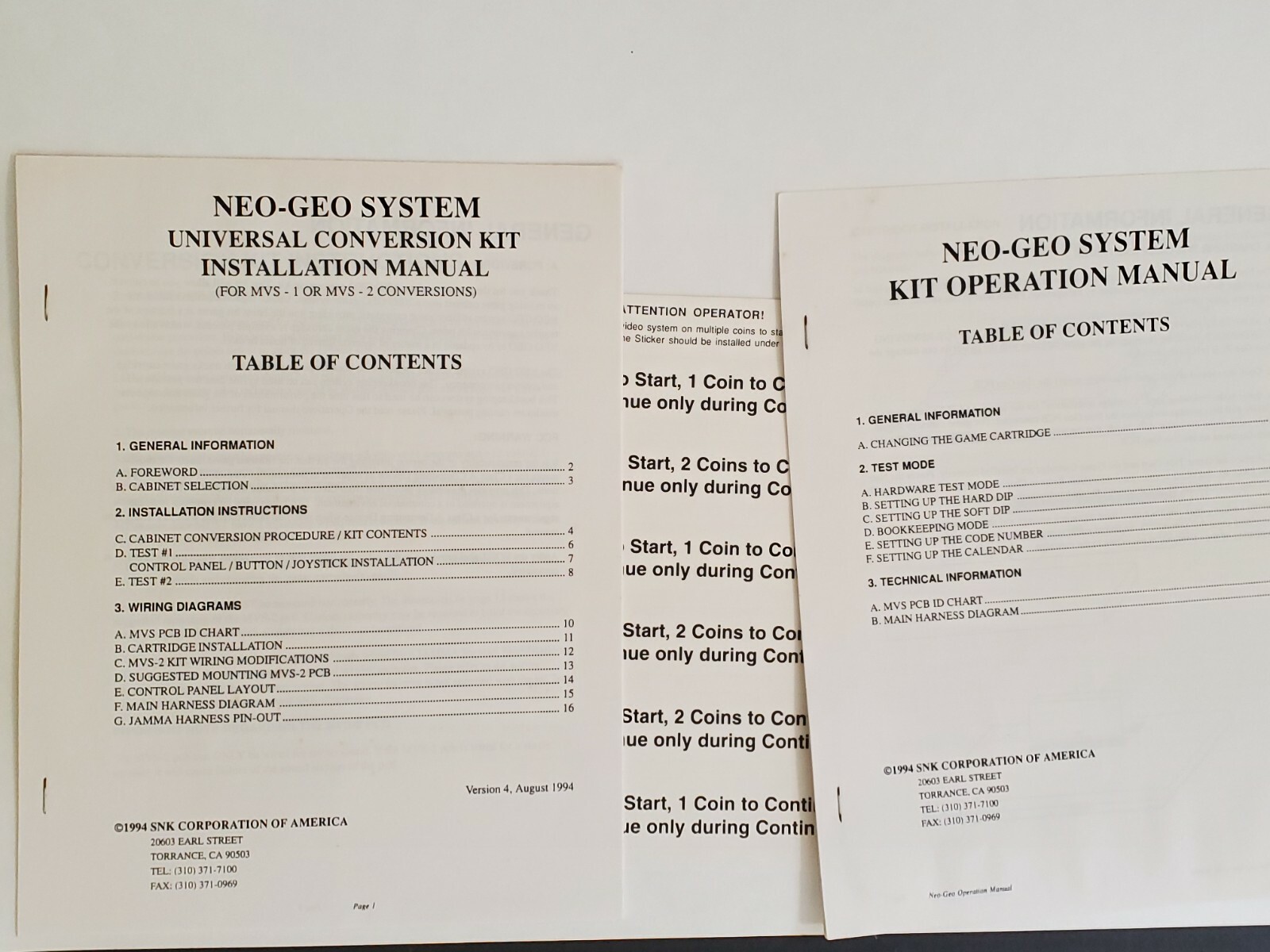 NEO GEO UPRIGHT VIDEO GAME UNIVERSAL CONVERSION KIT INSTALLATION MANUAL NEOGEO