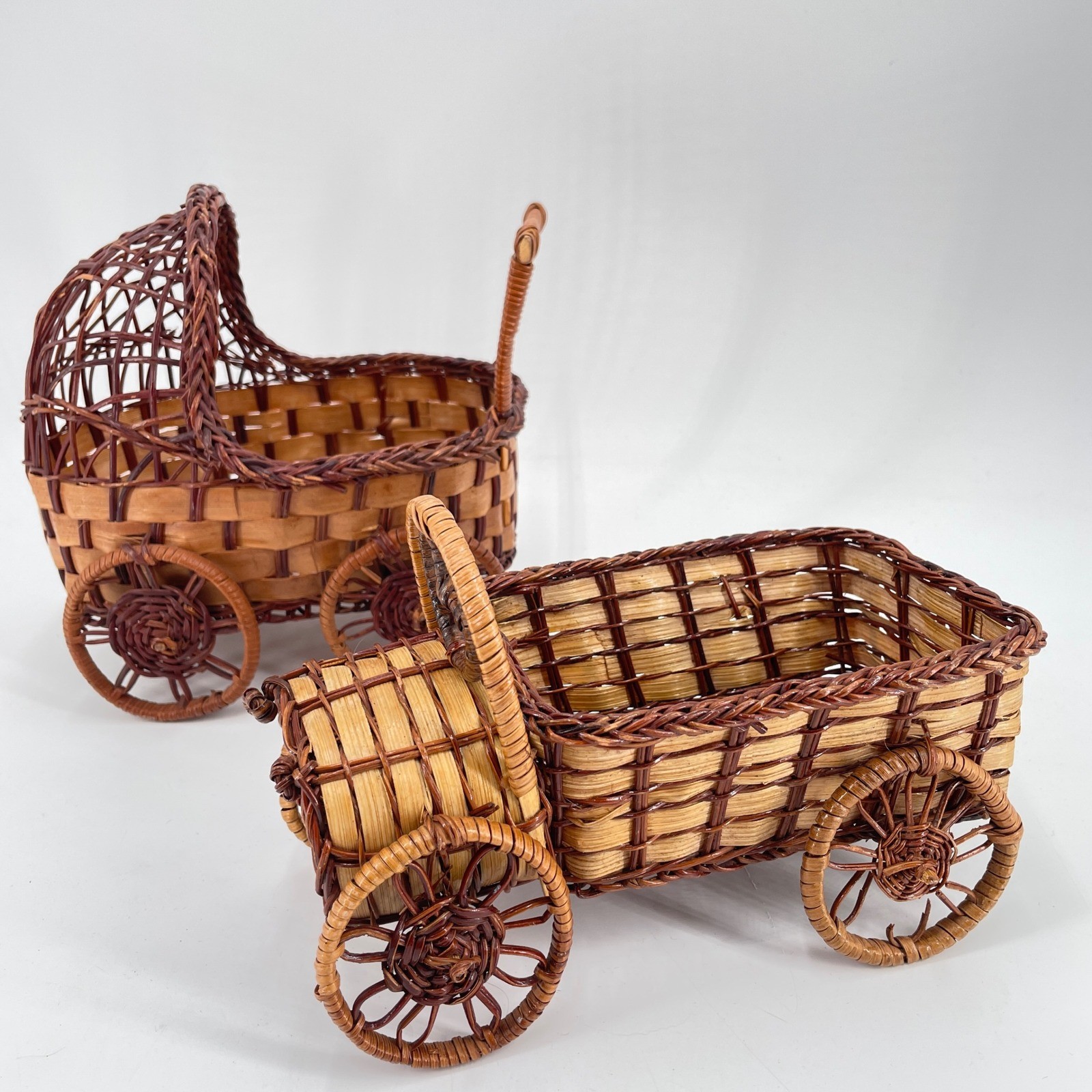 Vintage Wicker Basket Set Miniature Stroller Baby Carriage and Truck Decor 2pc