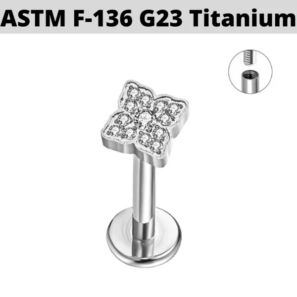 16G 5/16" Titanium Internally Threaded CZ Paved LV Clover Ear Daith Conch Labret