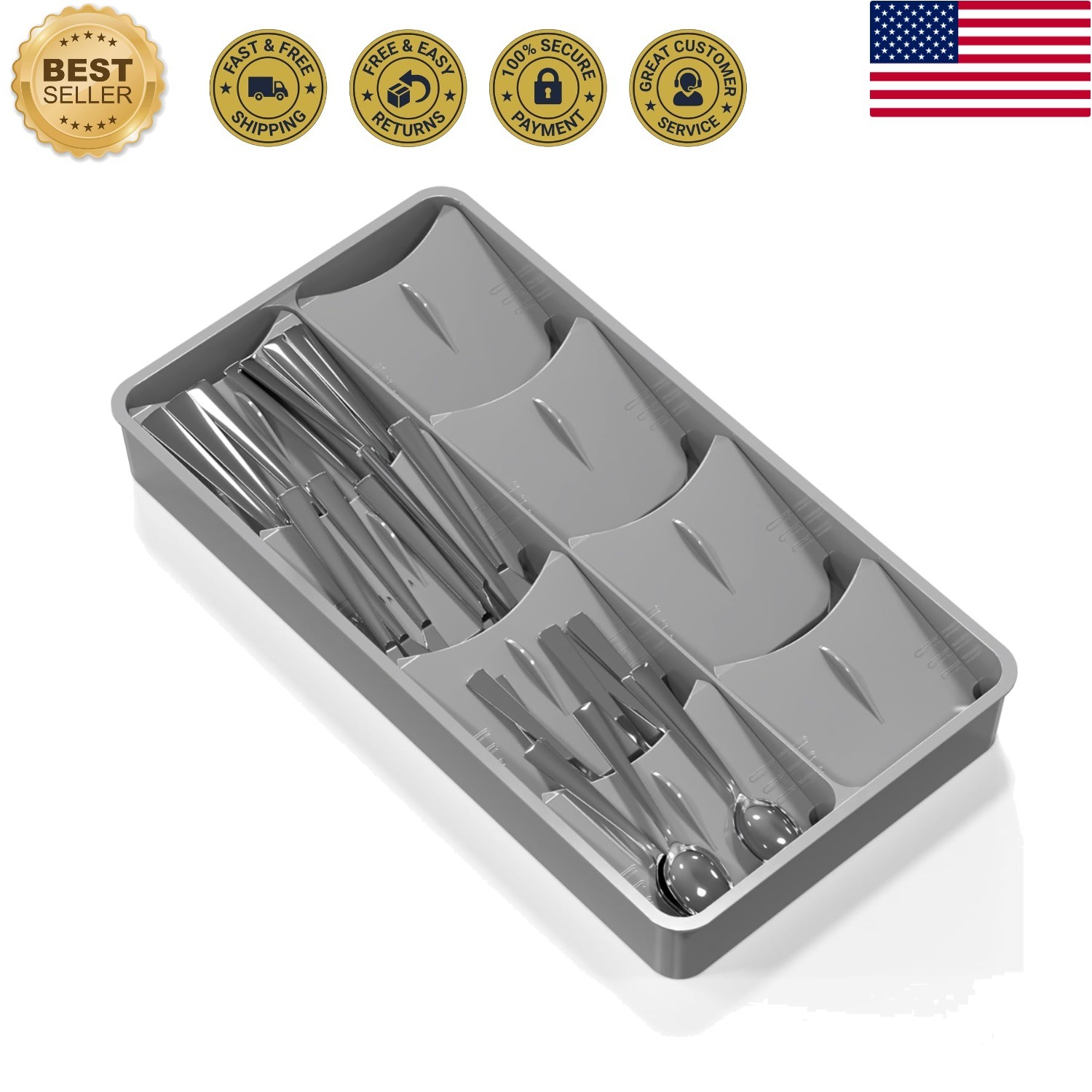 Versatile Silverware Drawer Organizer - 8 Compartments, Adjustable Design