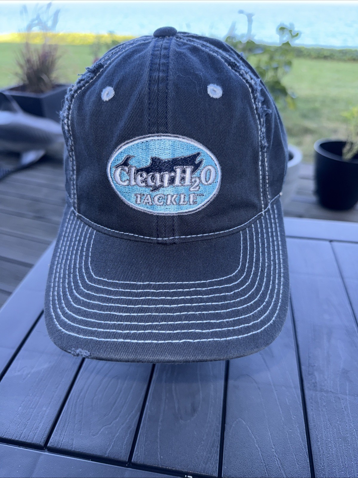 Clear H2O Tackle Aqua Patch Logo on Navy Distressed Hat Cap Top Stitch Hook Loop