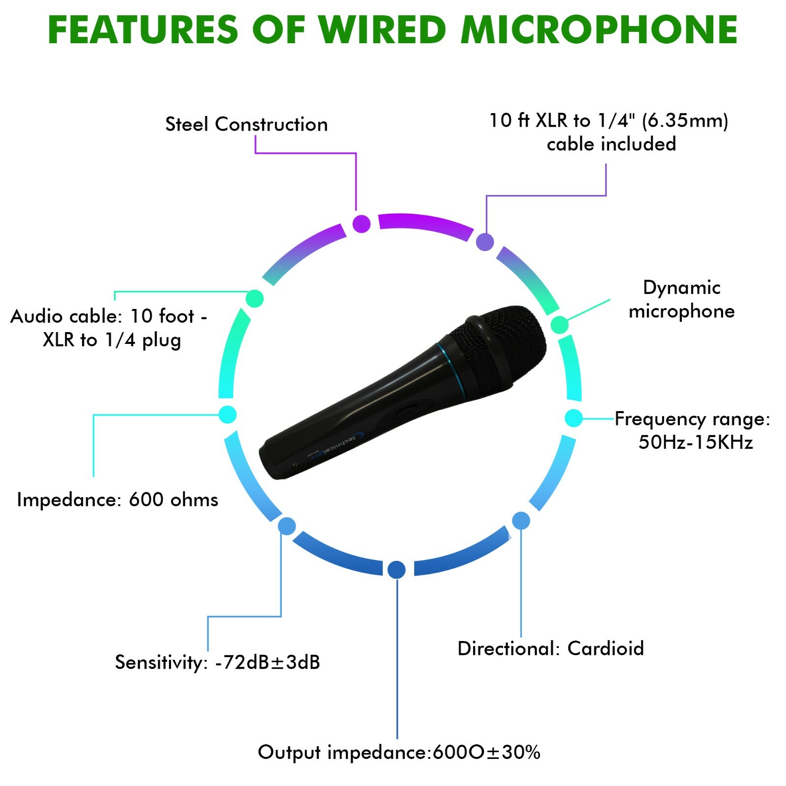 Qty 6 Professional Portable Microphone with Digital Processing 10Ft Cable Wire