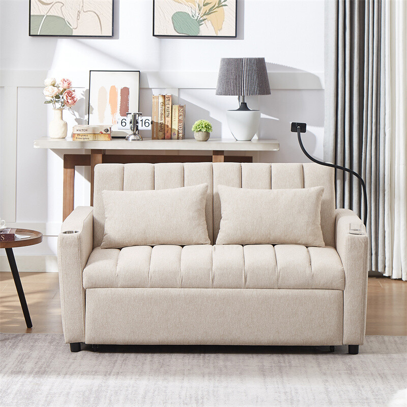 55.9" Convertible Sofa Bed Loveseat Sofa w/Adjustable Backrest & Phone Holder