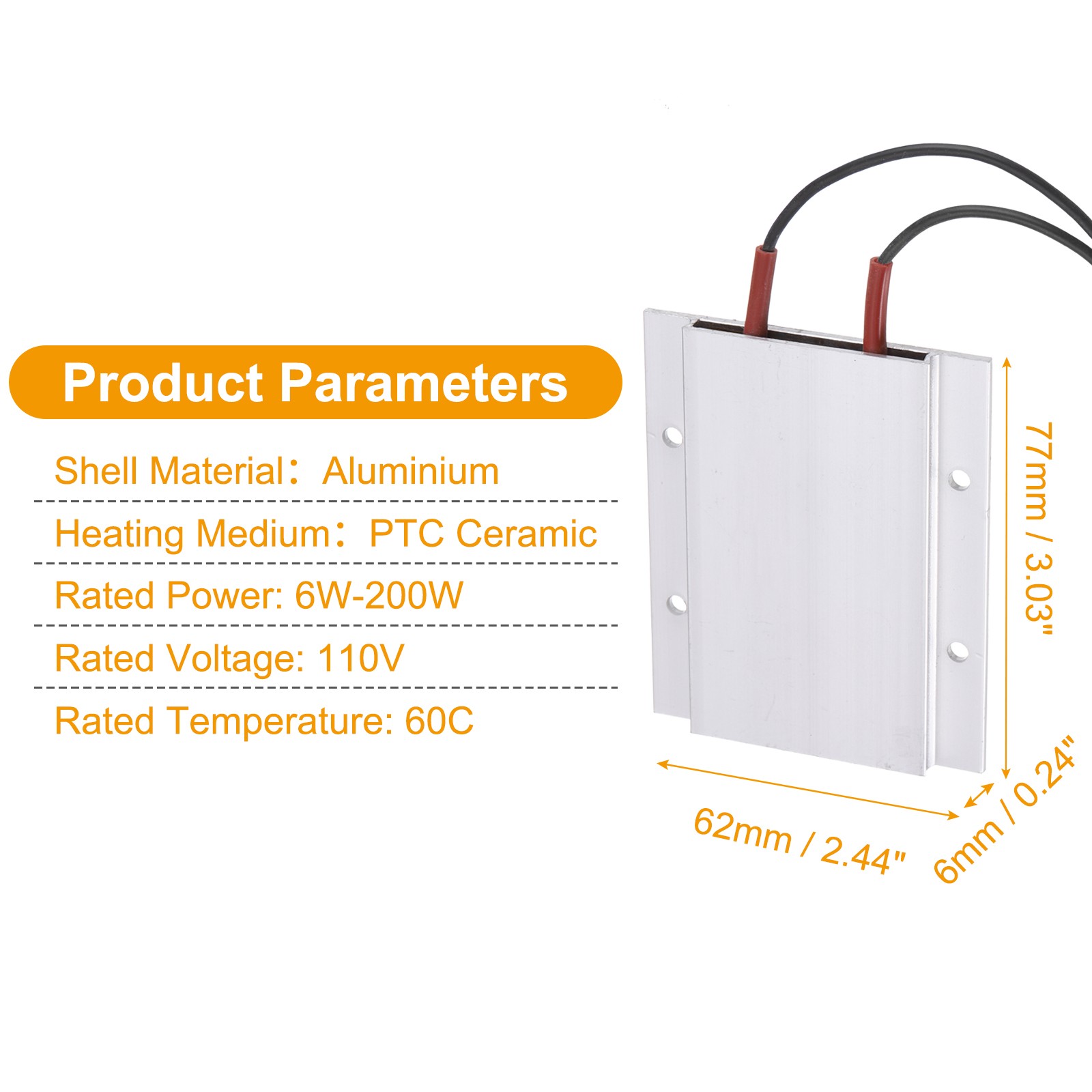 PTC Heating Element, 110V 6W-200W 60C PTC Heating Plate