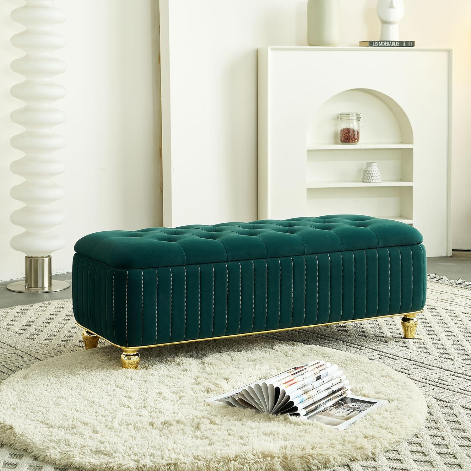 Modern 47" Velvet Tufted Ottoman Bench with Gold Accents for Living Room, Green