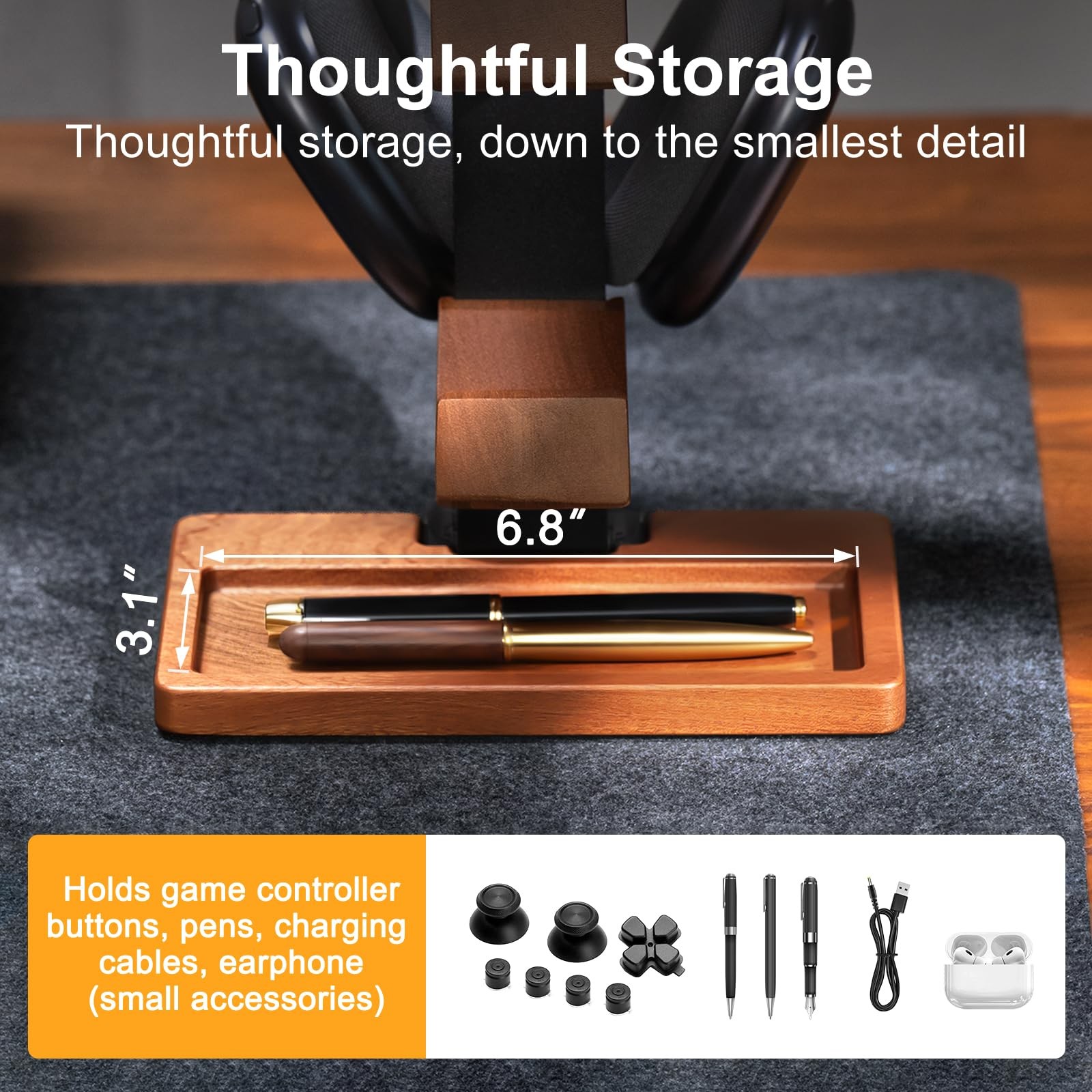 Solid Wood Controller Holder and Headphone Stand, Brown & Black