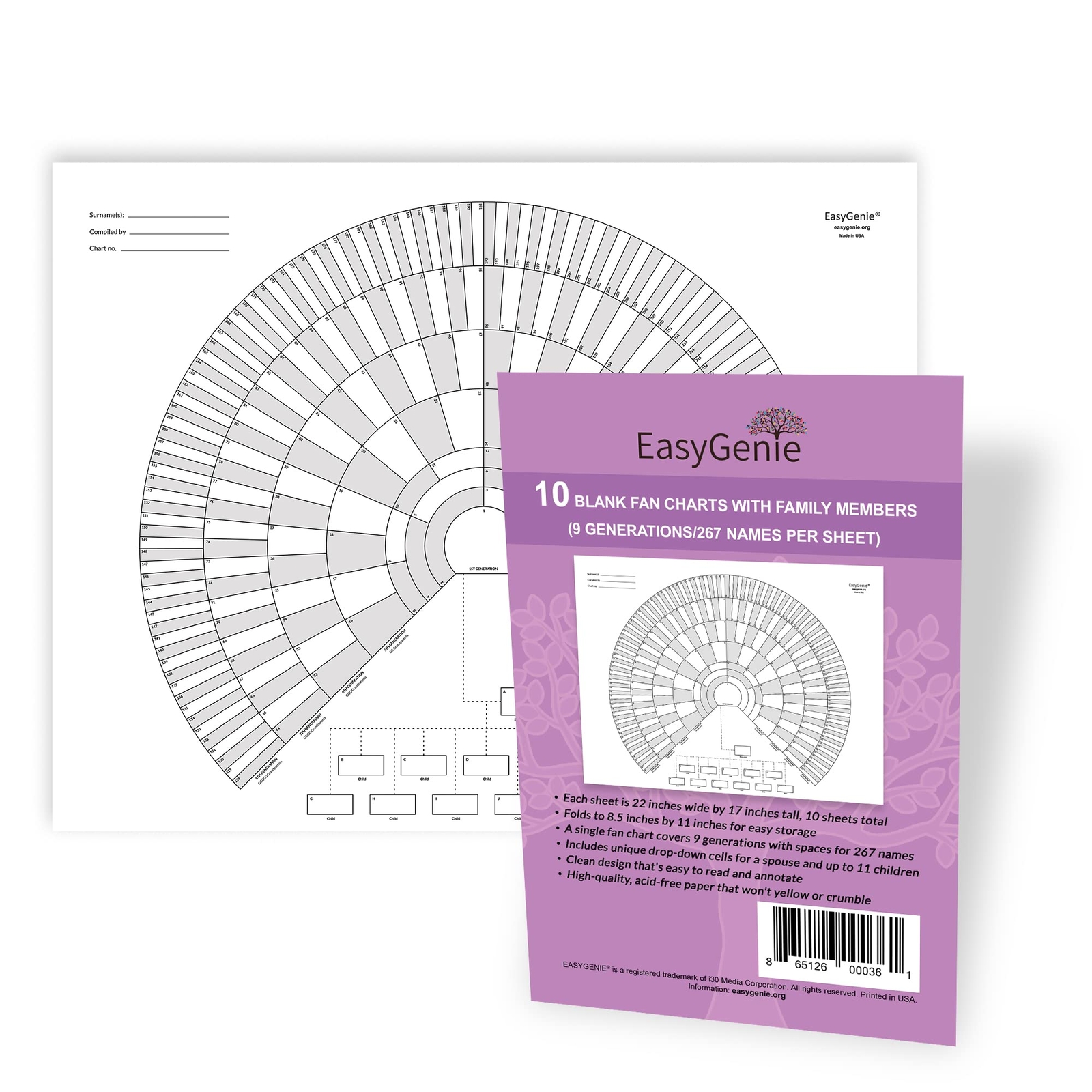 10PCS Blank Fan Charts 9 Generations 267 Names Genealogy Ancestry Chart Set