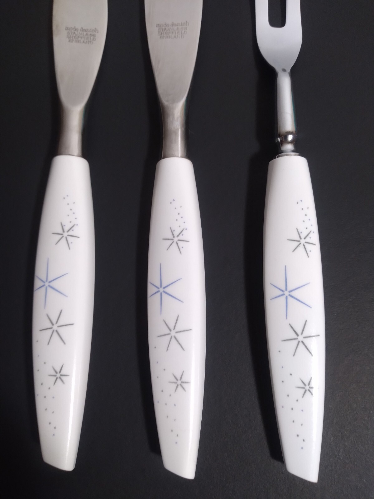 Vintage MCM Atomic Starburst Meat Carving Set 2 Knives 1 Fork Stainless England