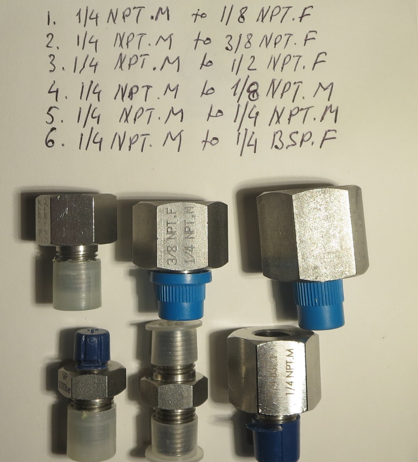 Druck pressure calibration adapters, 1/4 NPT male to various NPT males/females