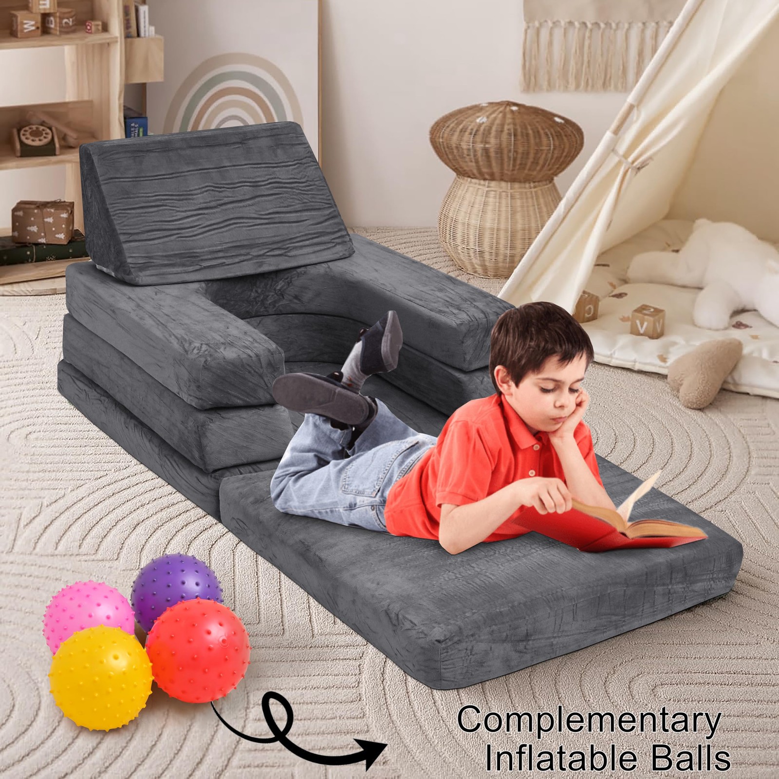 10 PCS Modular Play Couch with 6 Inflatable Balls – Convertible Foam and Floo...