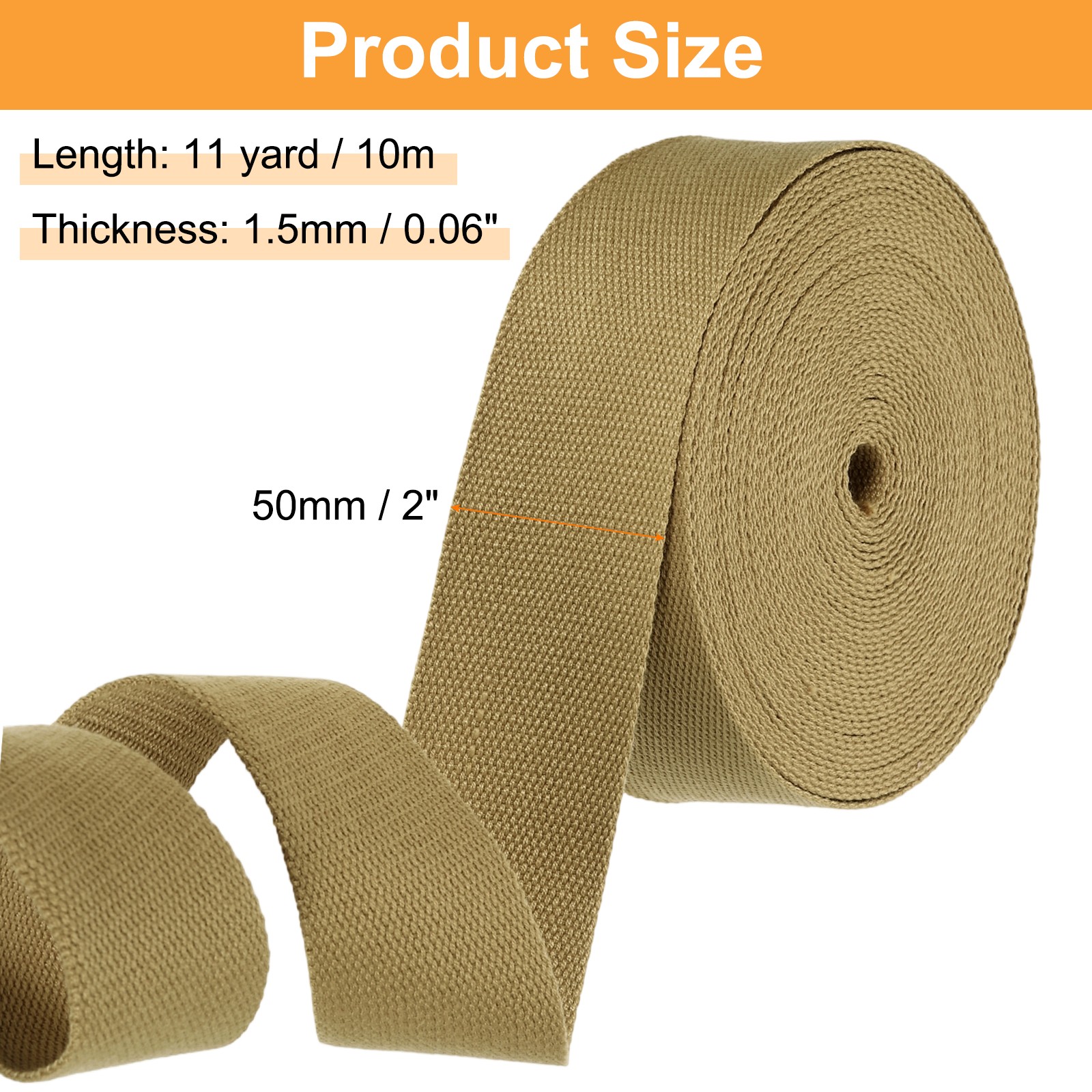 Cotton Webbing 2 Inch 11 Yard Polyester Cotton Webbing Strap, Khaki
