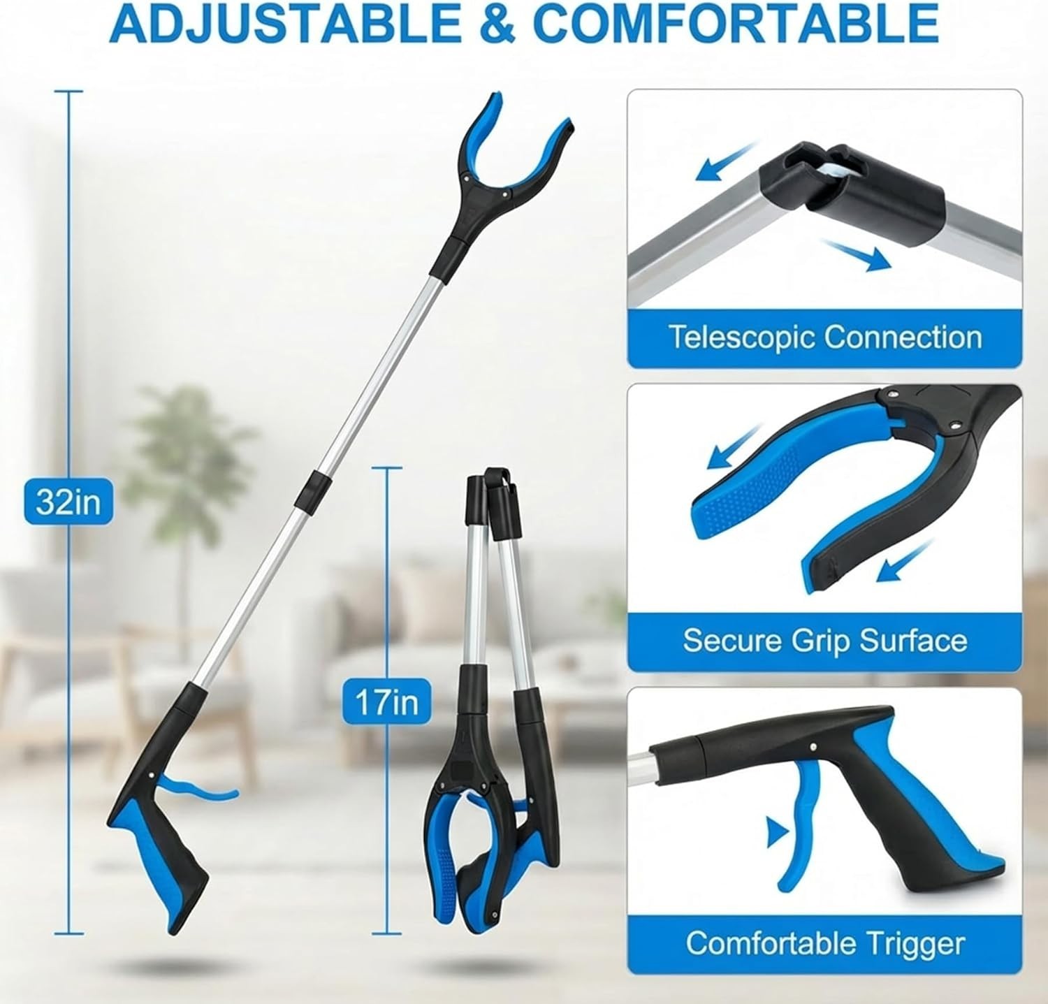 3-Pack Grabber Reacher Tool: 32" Foldable Aluminum (Magnetic) & Stainless Steel