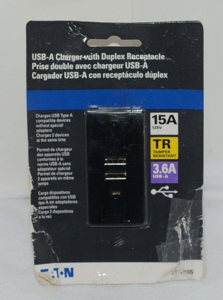 Eaton TR7765BK USB A Charger Duplex Receptacle Two Devices Same Time