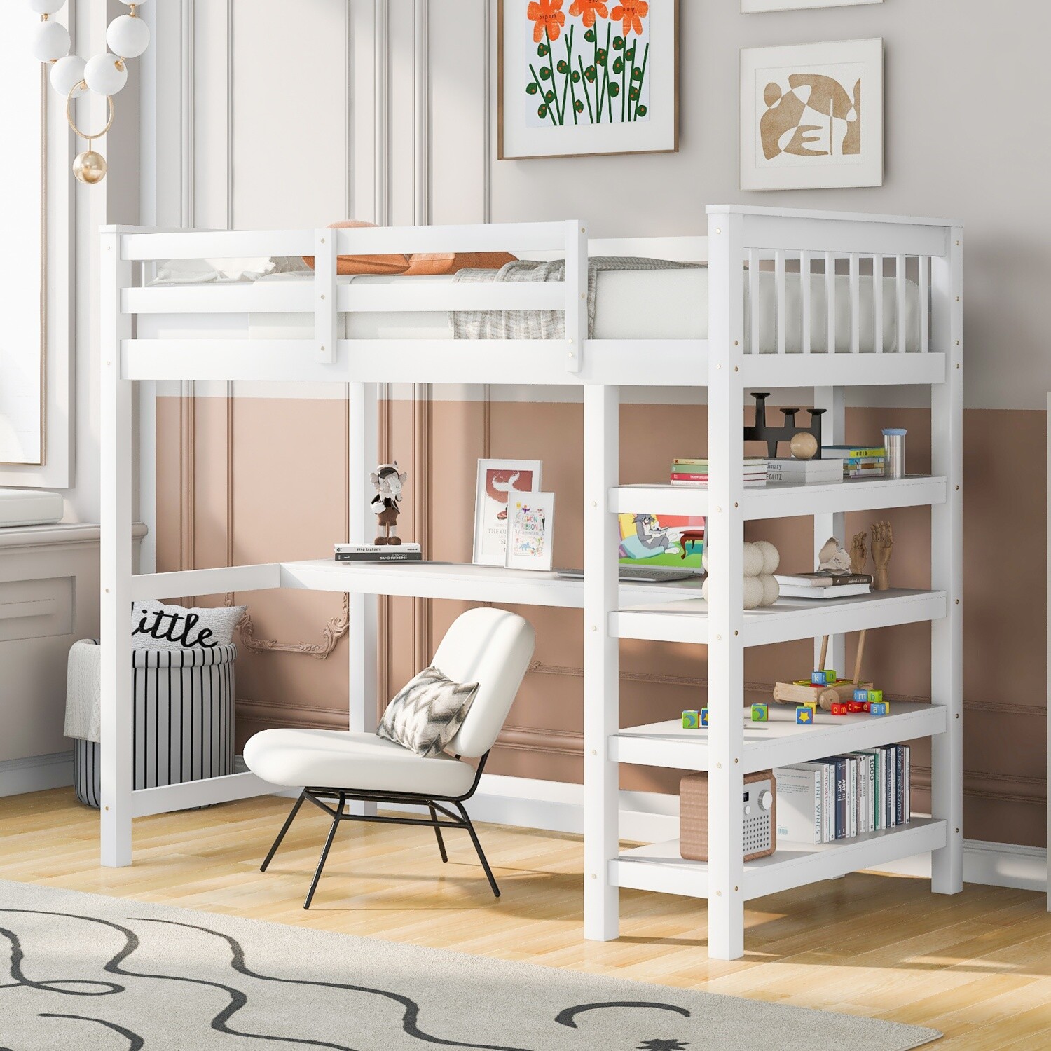 Twin/Full Size Loft Bed Wood Bed Frame with Shelves & Desk White/Gray/Espresso