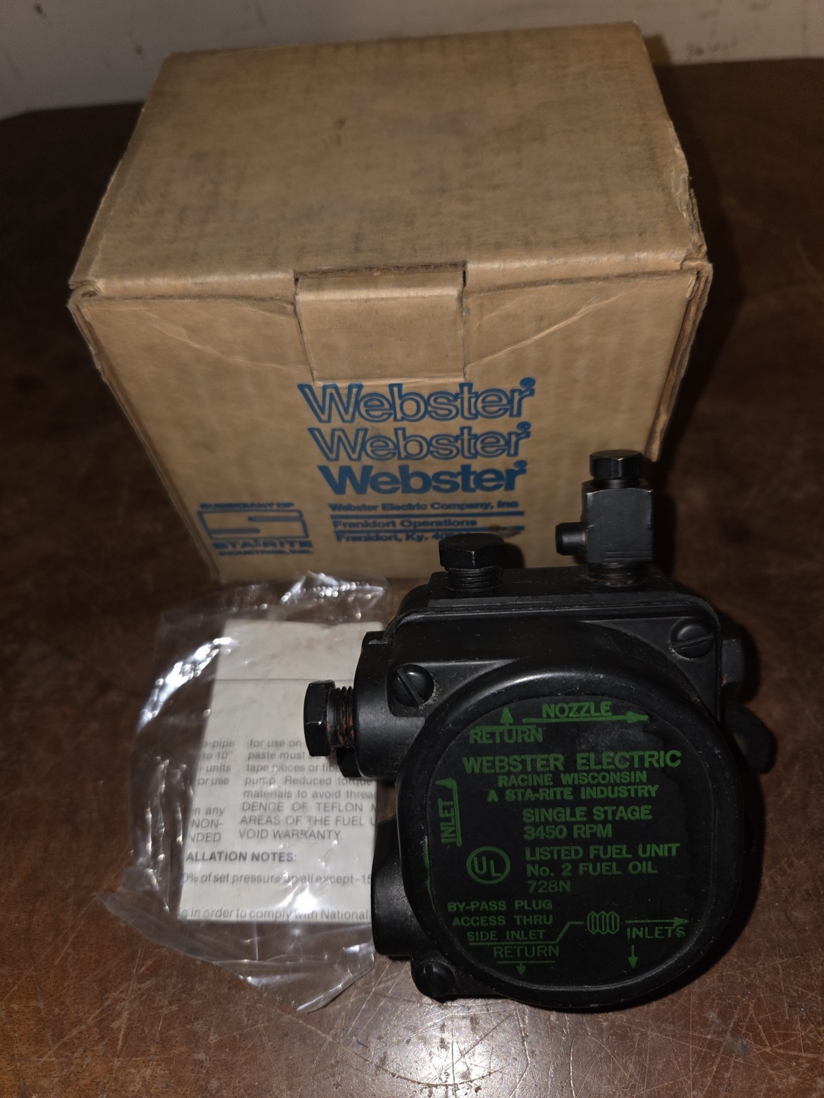 Webster Electric Fuel Oil Burner Pump Single Stage 3450 RPM 728n 42851