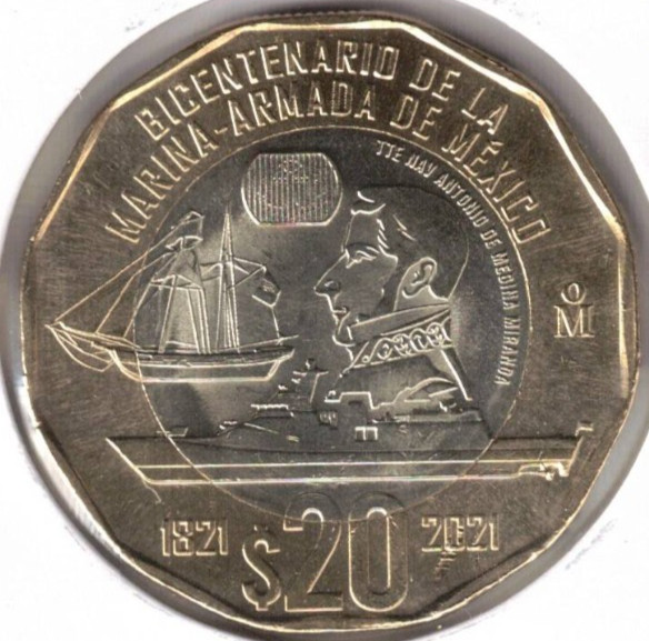 2021 MEXICO 20 Pesos Brilliant Uncirculated Marina Armada Bimetallic Coin!