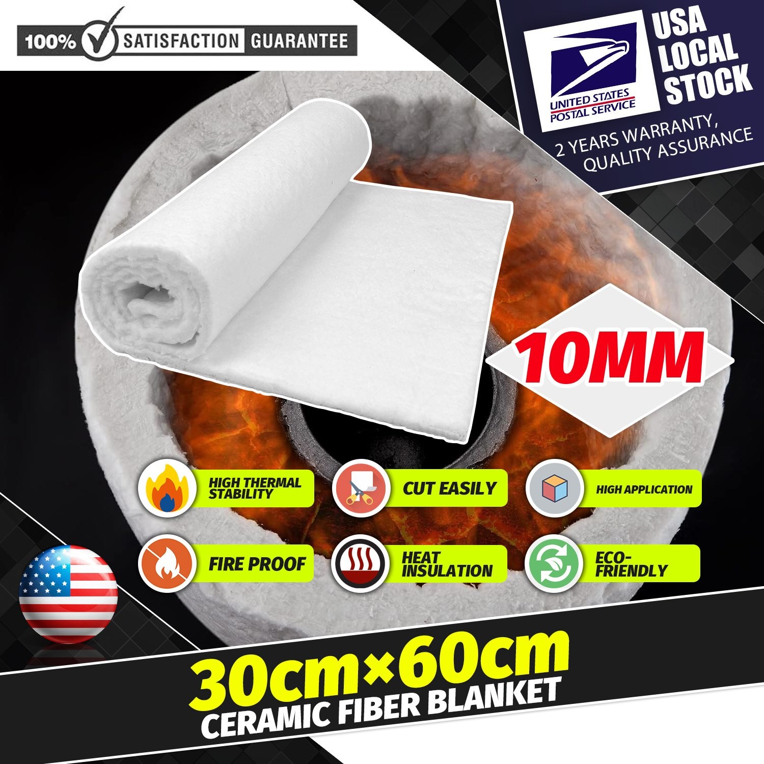 Ceramic Fiber Blanket High Temp Thermal Insulation 24" × 12" 10mm Thickness