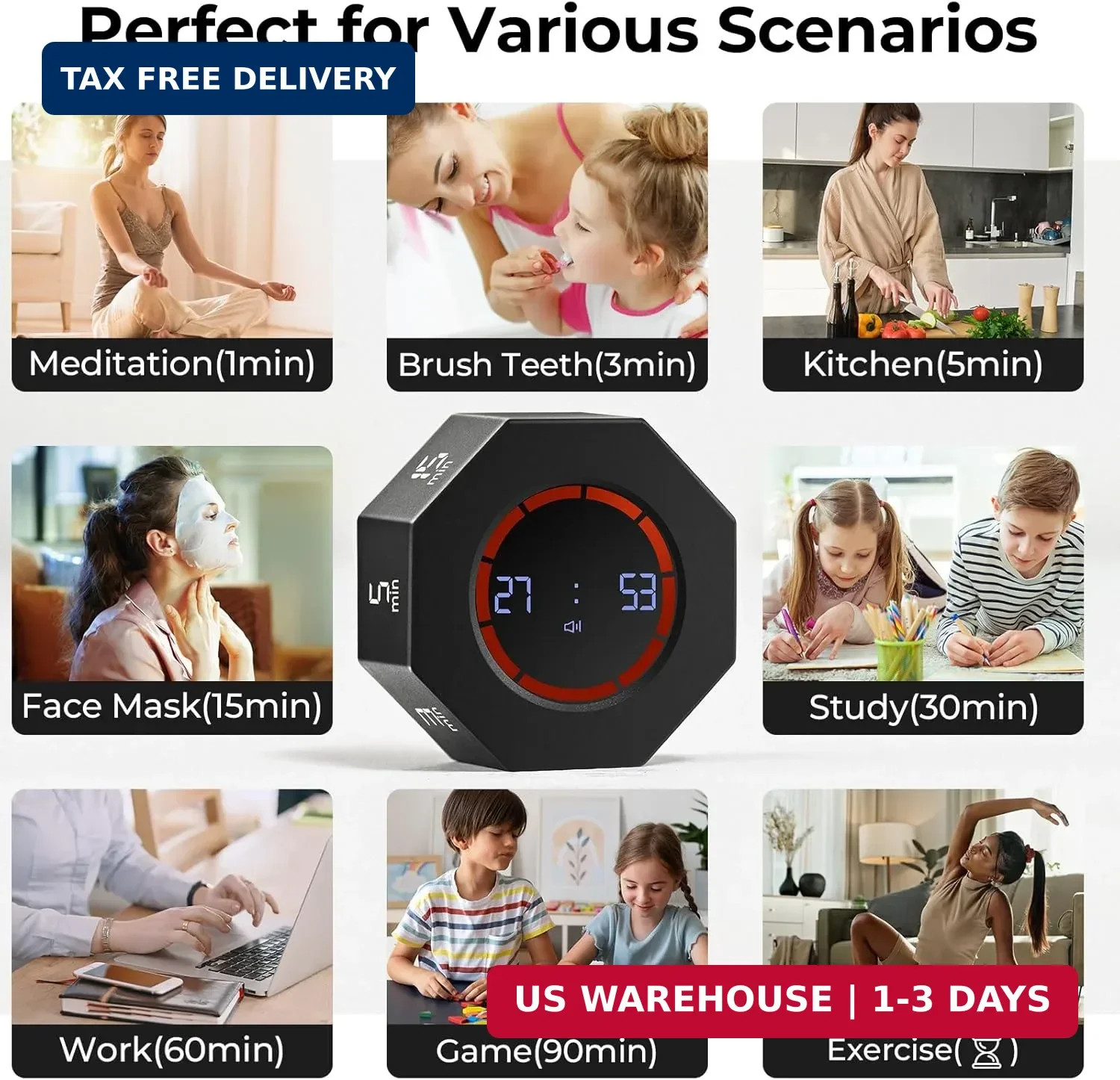 Small Rechargeable Pomodoro Timer, Gravity Sensor Auto-Rotating 7 Preset Times (