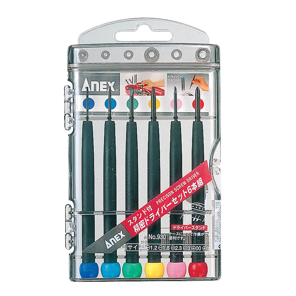 ANEX Precision Screwdriver Set -1.2,-1.8,-2.3,-3,+00,+0 No.930 6 pcs JIS Japan